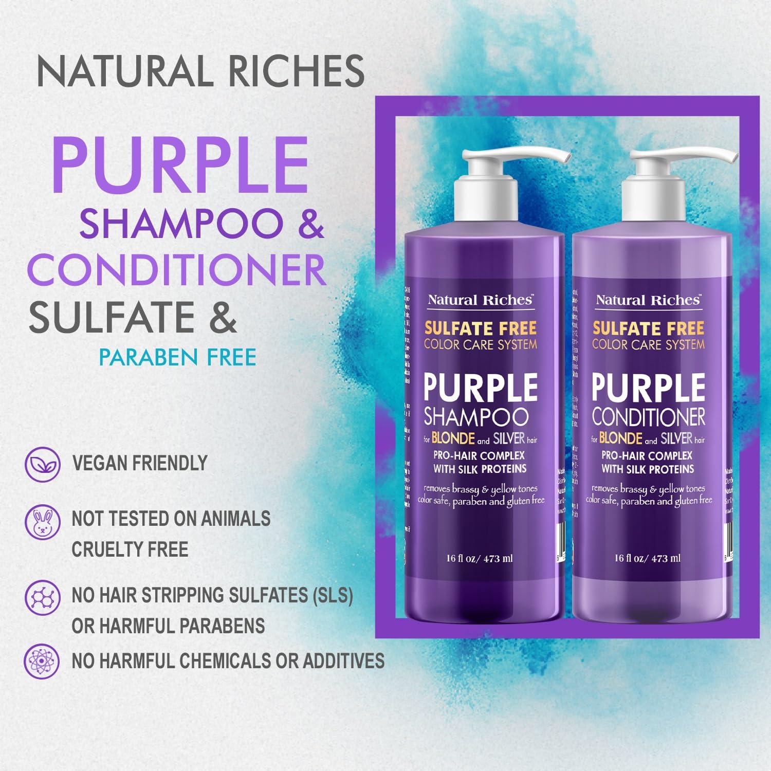 Natural Riches Purple Shampoo & Conditioner Set for Blonde, Silver & Grey Hair – Sulfate-Free (16x2 fl oz)
