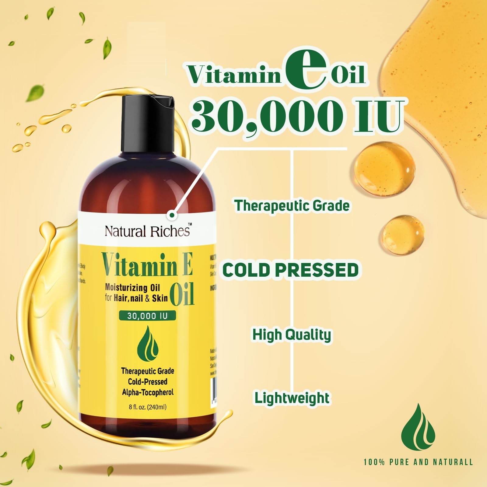 Natural Riches Vitamin E Oil - 100% Pure & Natural, Cold-Pressed 30,000 IU, 8 oz