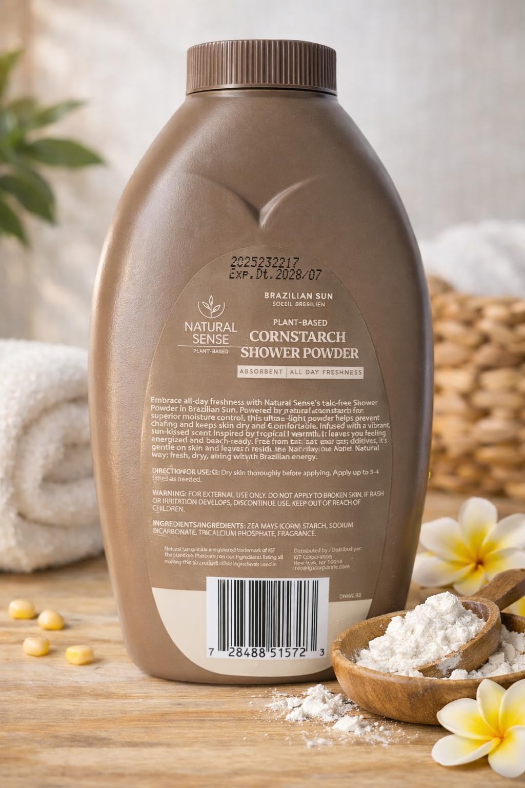 Natural Sense Shower Powder Brazilian Sun - 10 oz | Plant-Based Cornstarch Dusting Powder