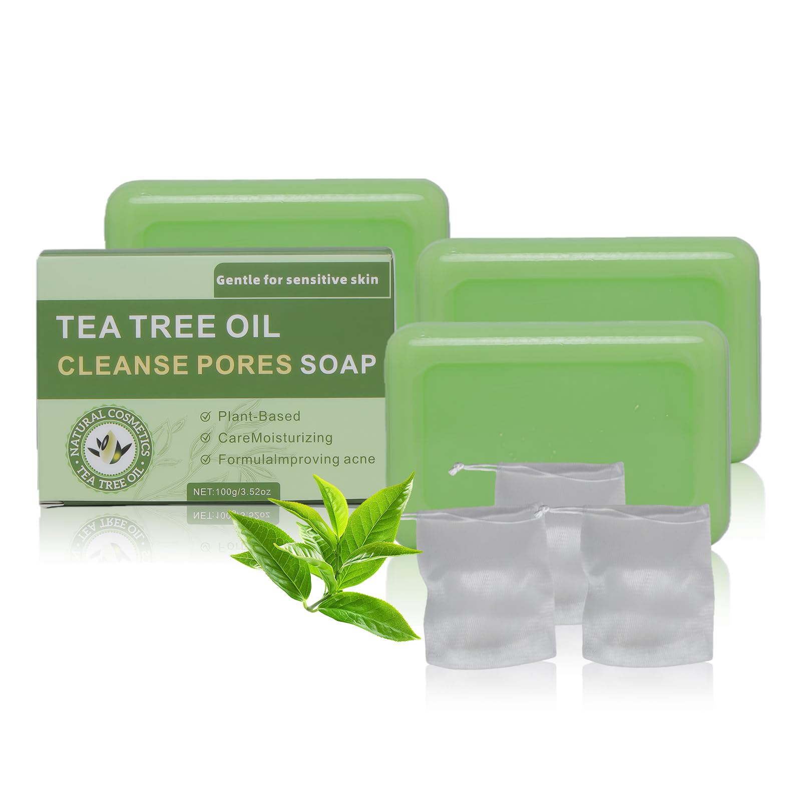 Natural Tea Tree Soap Bar Set – 3-Piece Plant-Based Cleanser with Tea Tree & Coconut Oil
