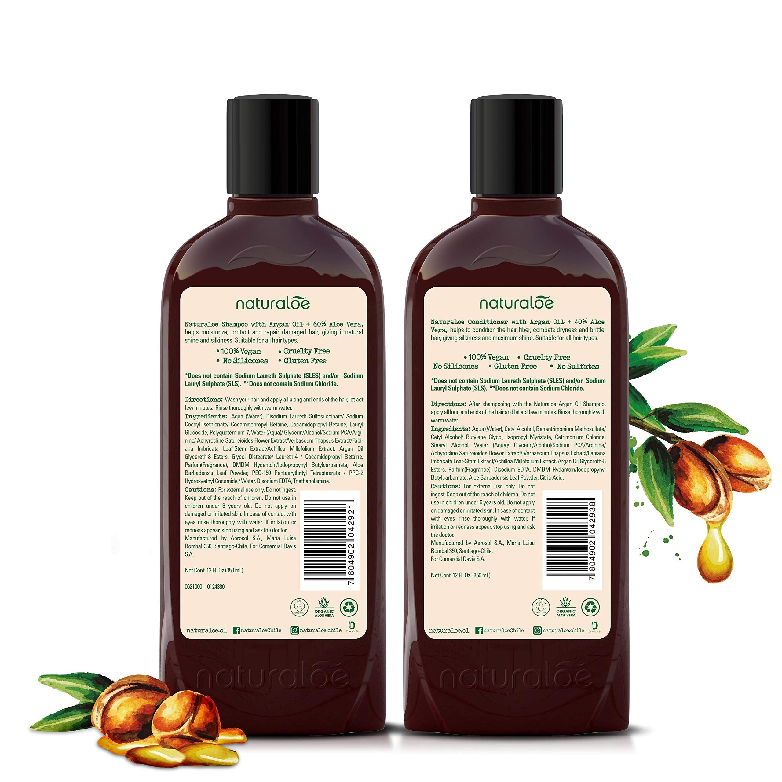 Naturaloe Repairs & Moistures Shampoo + Conditioner – 100% Vegan, Aloe Vera & Argan Oil, 24 fl oz