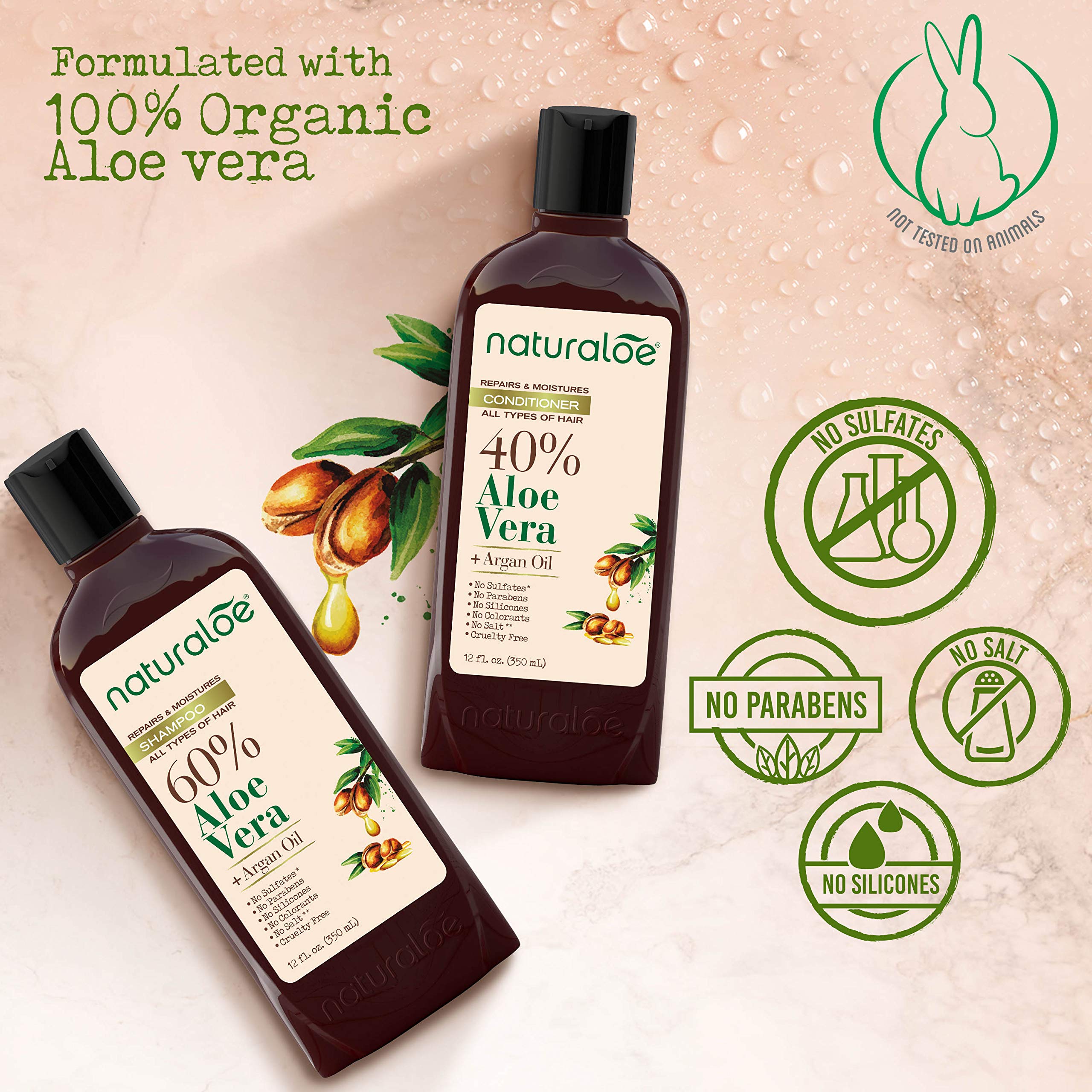 Naturaloe Repairs & Moistures Shampoo + Conditioner – 100% Vegan, Aloe Vera & Argan Oil, 24 fl oz