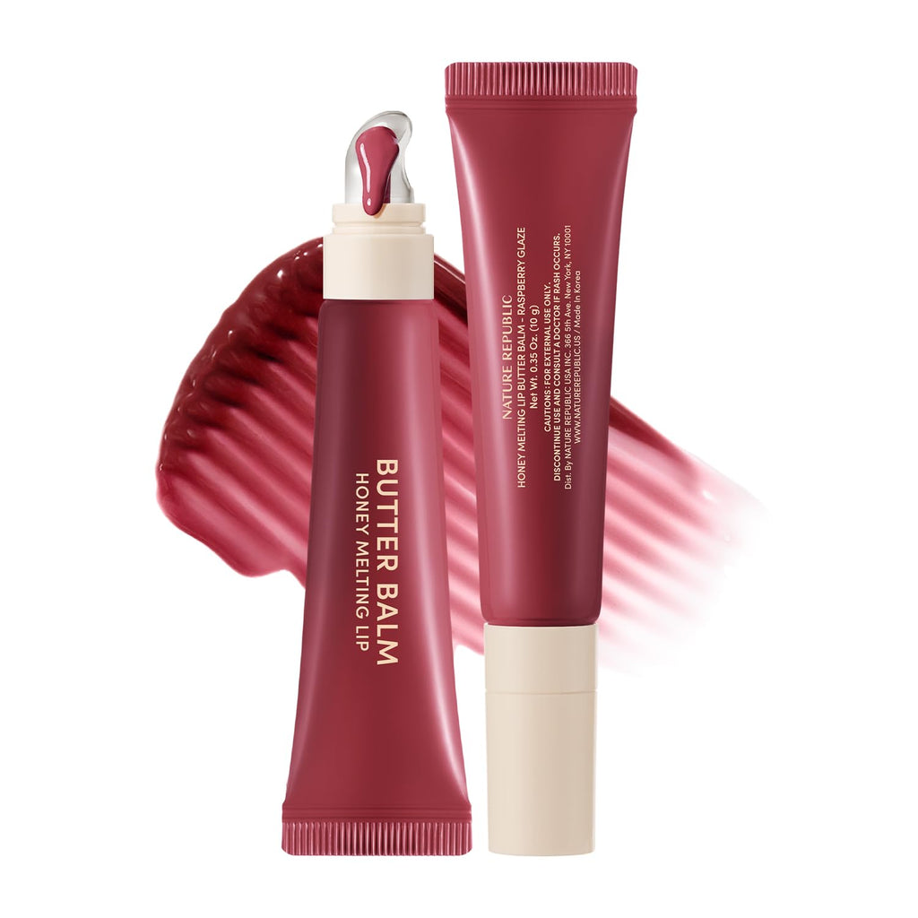 Nature Republic Honey Melting Lip Butter Balm – Hydrating Tinted Lip Balm with Peptides (Raspberry Glaze)