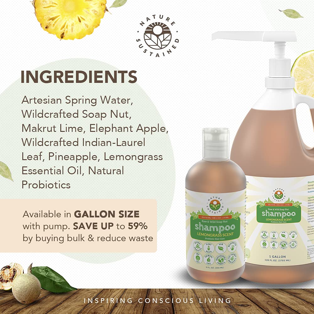 Nature Sustained Organic Shampoo with Probiotics – Sulfate Free, Hypoallergenic, Lemongrass 9oz