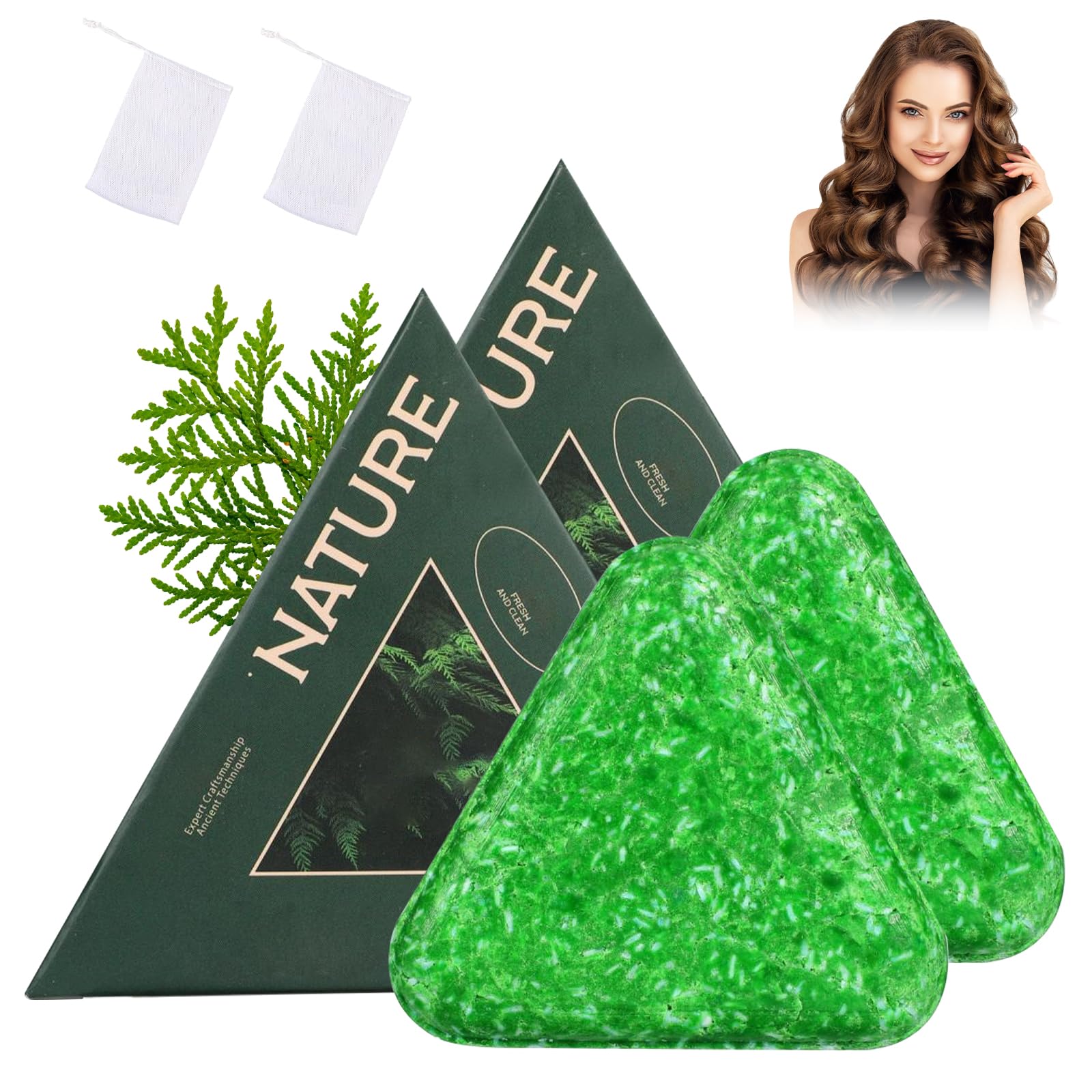 2-Pack Nature Triangle Shampoo Bar with Foaming Nets | Nature Seven Green Hair Care