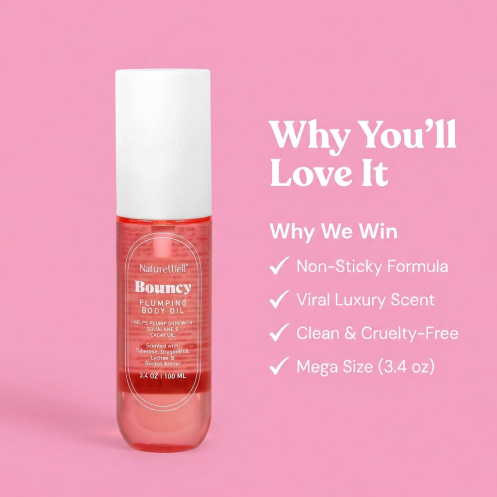 NATURE WELL Bouncy Plumping Body Oil – Fast-Absorbing Hydration for Elasticity and Bounce | 3.4 Oz