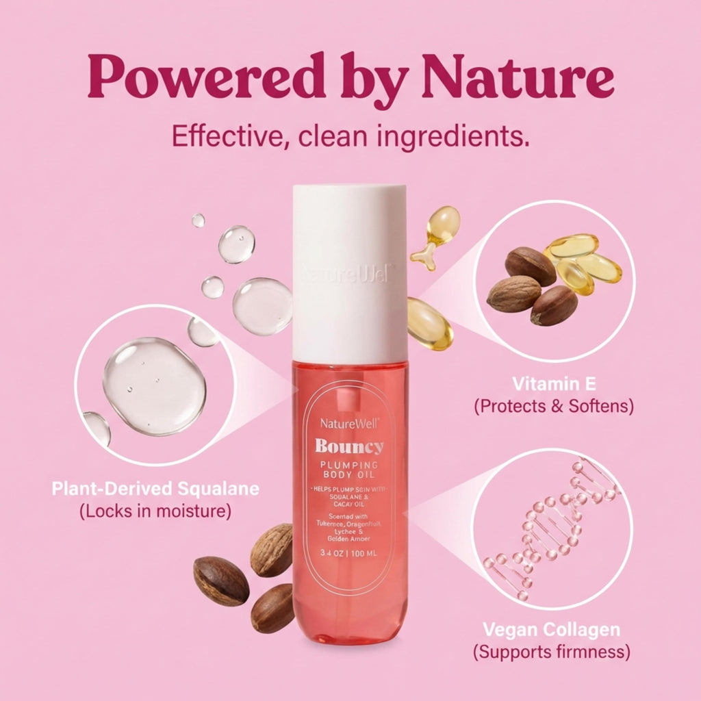 NATURE WELL Bouncy Plumping Body Oil – Fast-Absorbing Hydration for Elasticity and Bounce | 3.4 Oz