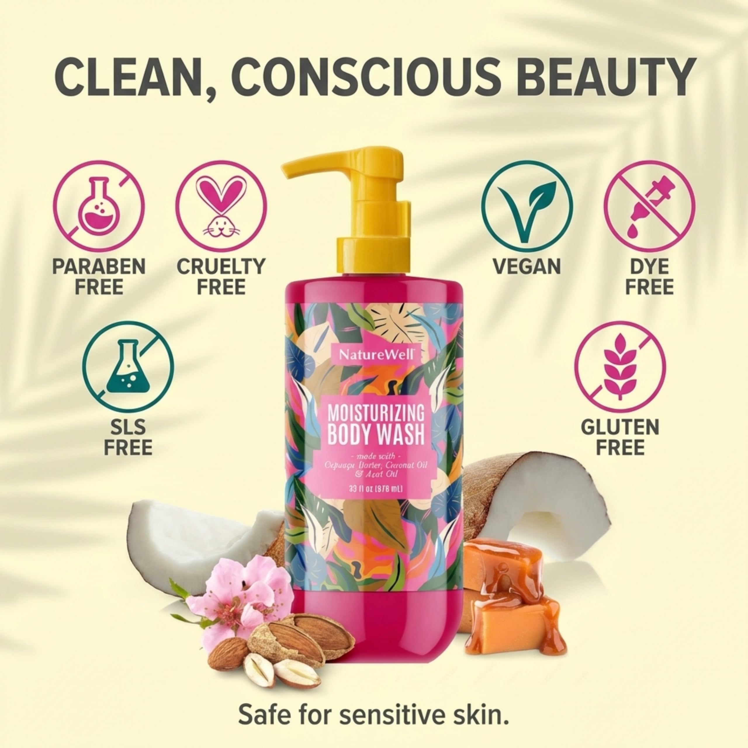 NATURE WELL Cheeky Moisturizing Body Wash | Cupuaçu Butter, Coconut Oil & Brazilian Nut Oil Scent, 33 oz