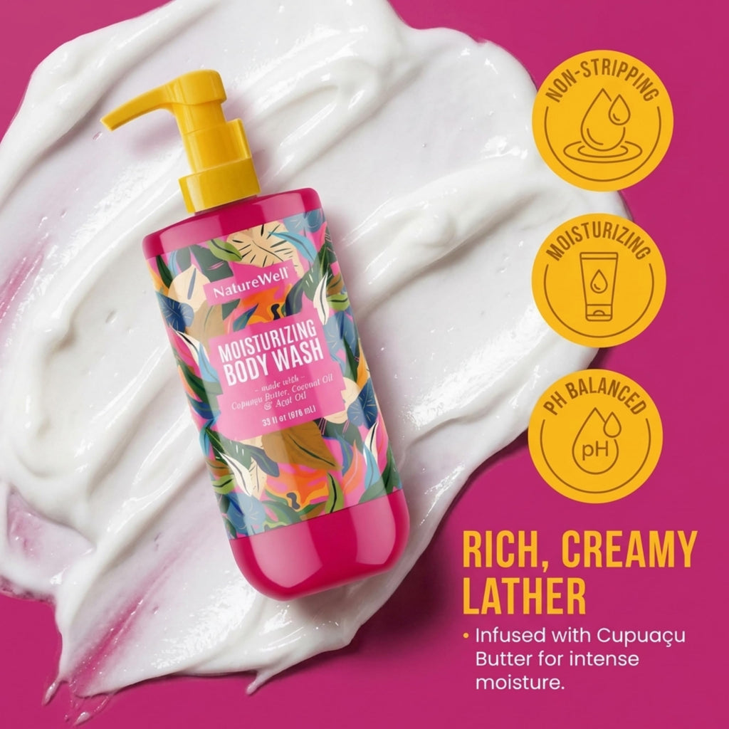 NATURE WELL Cheeky Moisturizing Body Wash | Cupuaçu Butter, Coconut Oil & Brazilian Nut Oil Scent, 33 oz