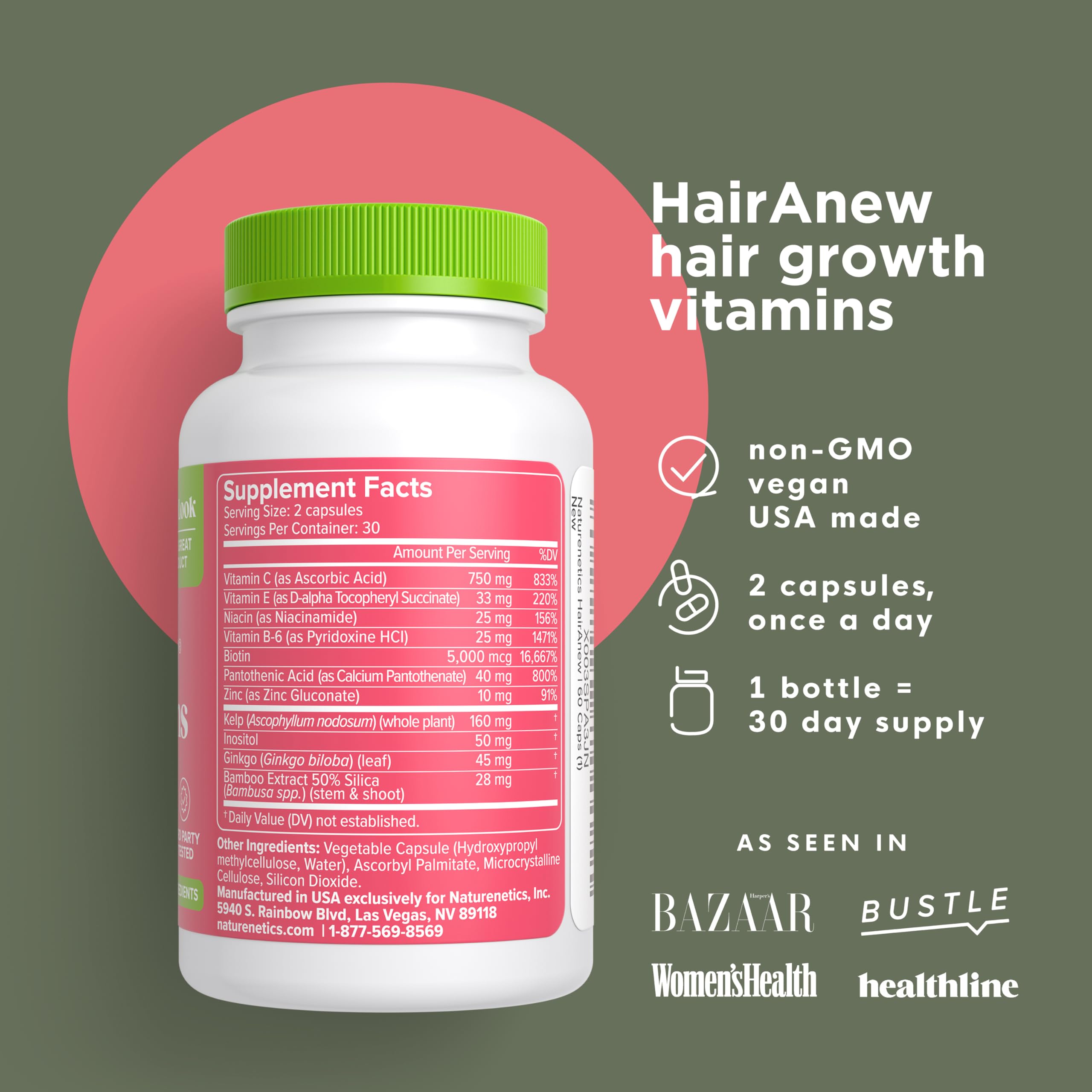 Naturenetics HairAnew Hair Growth Vitamins for Women & Men – Vegan Hair Supplement