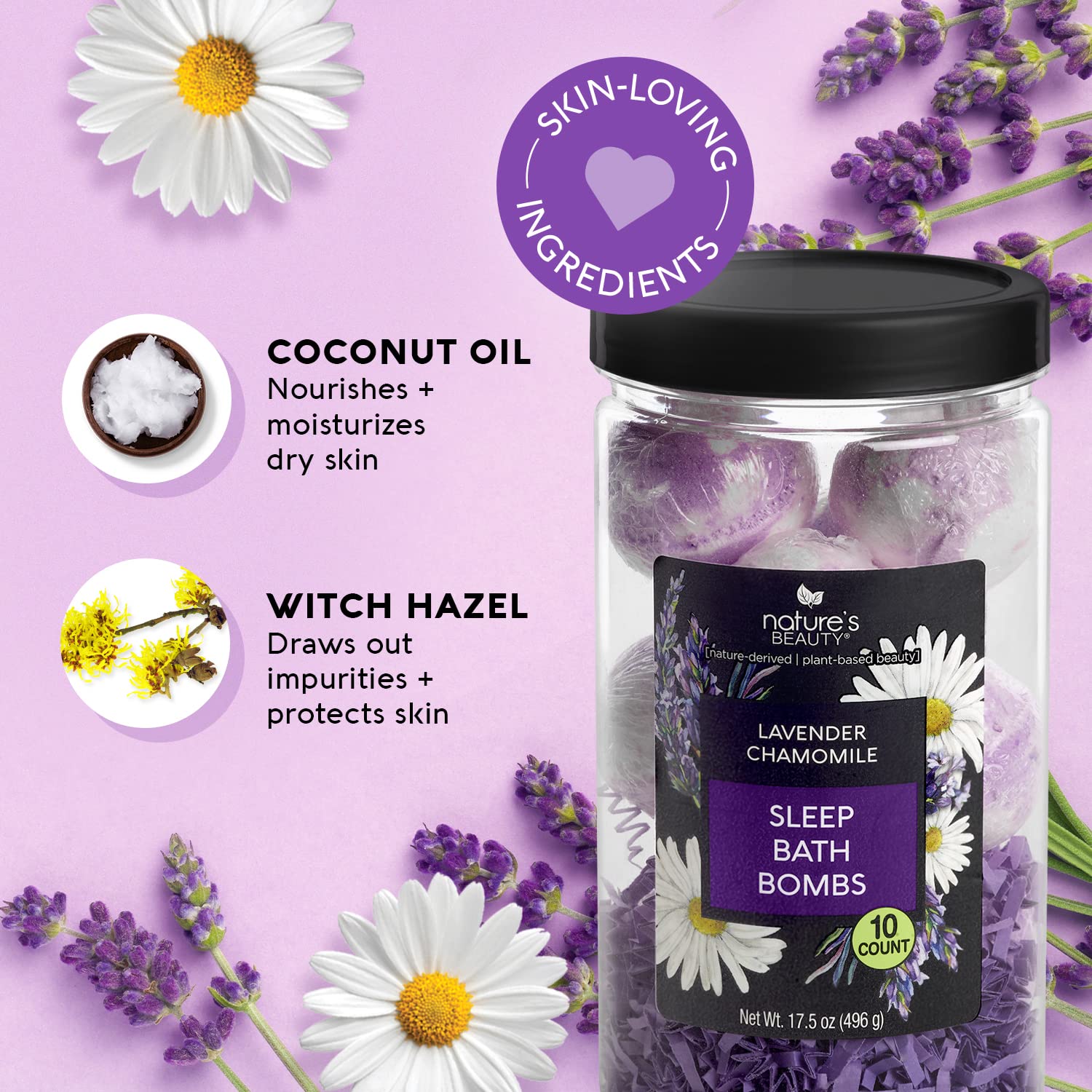 Nature's Beauty Lavender Chamomile Sleep Bath Bomb Gift Set – 2-Pack, Coconut Oil & Witch Hazel
