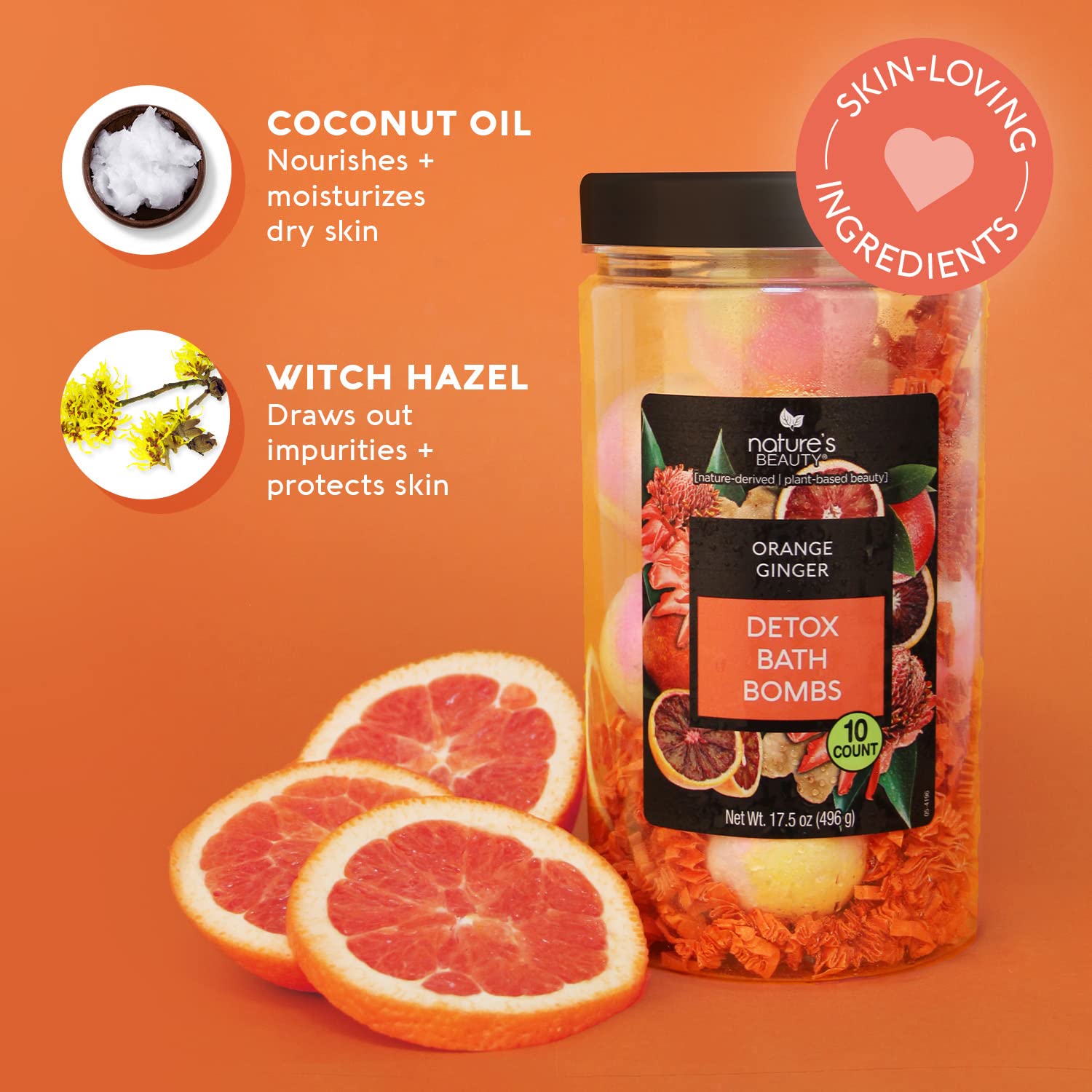 Nature's Beauty Orange Ginger Detox Bath Bomb Gift Set – Luxury Citrus + Patchouli Spa Bombs, Coconut Oil & Witch Hazel, 17.5 oz, 2-Pack