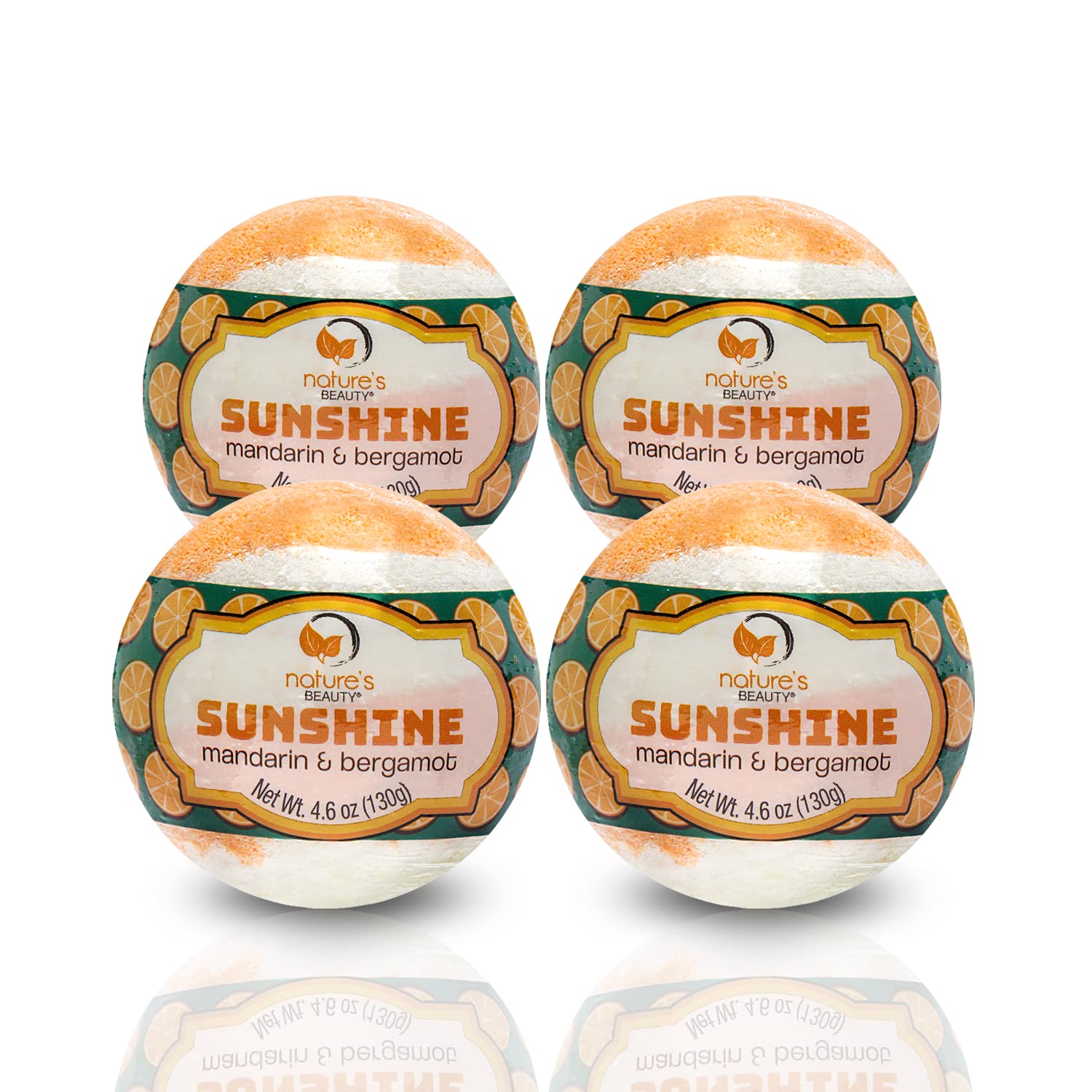 Nature's Beauty Sunshine Mandarin & Bergamot Bath Bombs 4-Pack | Non-Staining, Coconut Oil + Vitamin E
