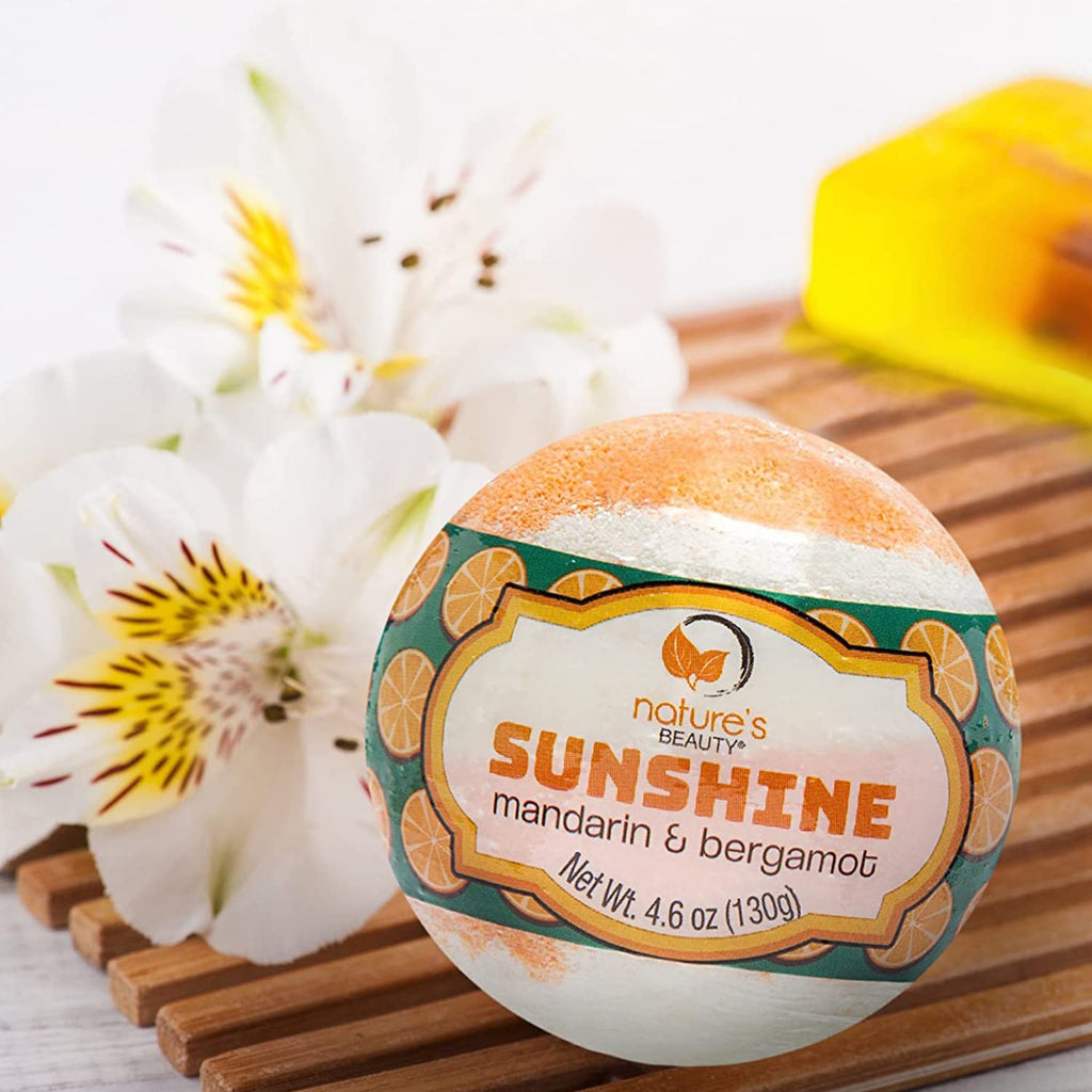 Nature's Beauty Sunshine Mandarin & Bergamot Bath Bombs 4-Pack | Non-Staining, Coconut Oil + Vitamin E
