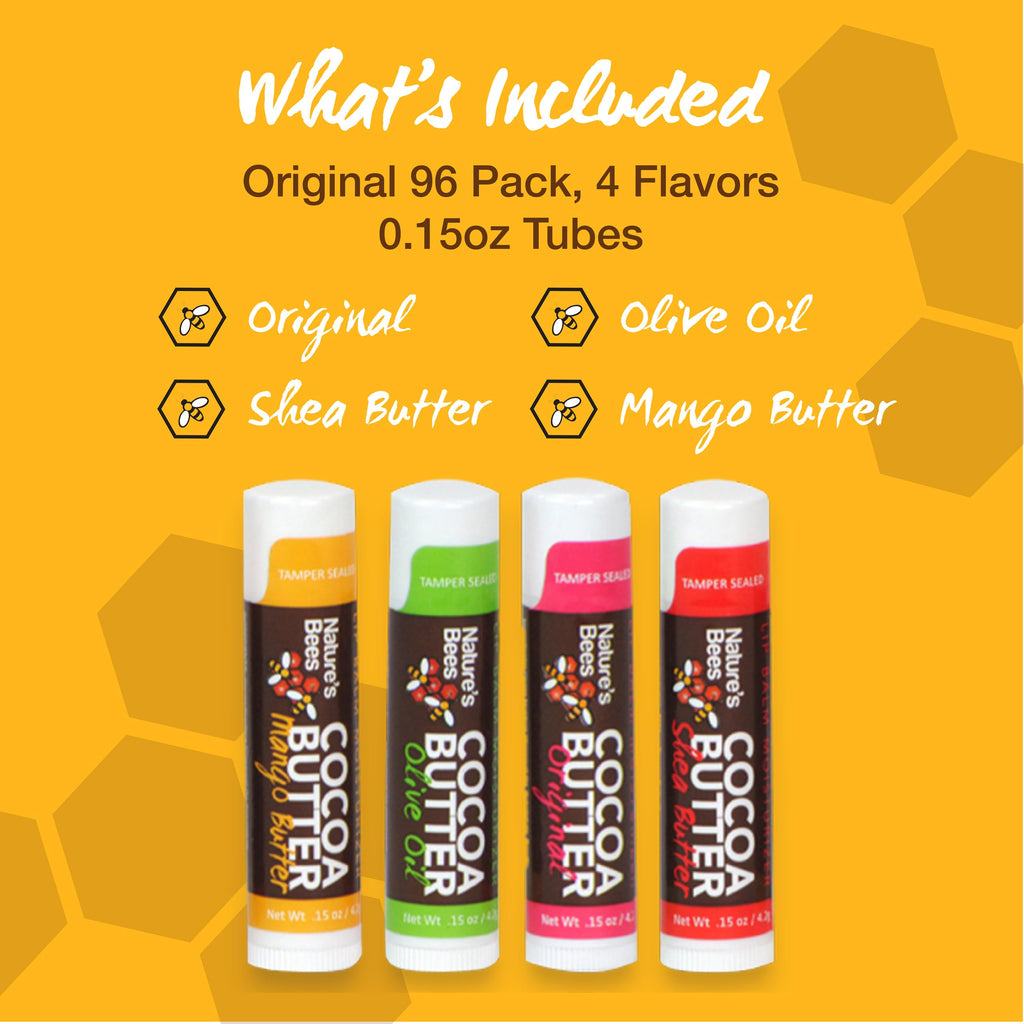 Nature's Bees Cocoa Butter Lip Balm Original 96-Pack Bulk – 4 Original Flavors, 8-Flavor Variety