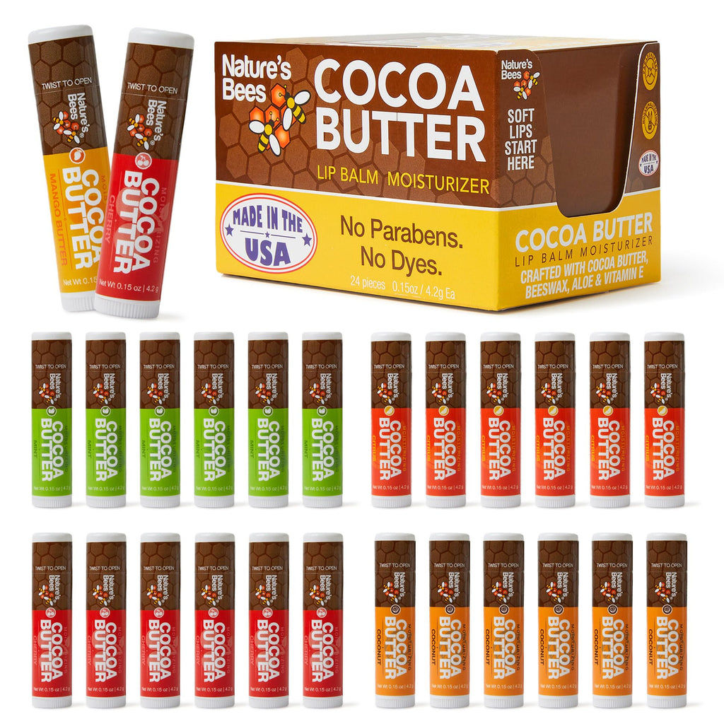 Nature's Bees Cocoa Butter Lip Balm 24-Pack – Citrus, Coconut, Cherry & Mint