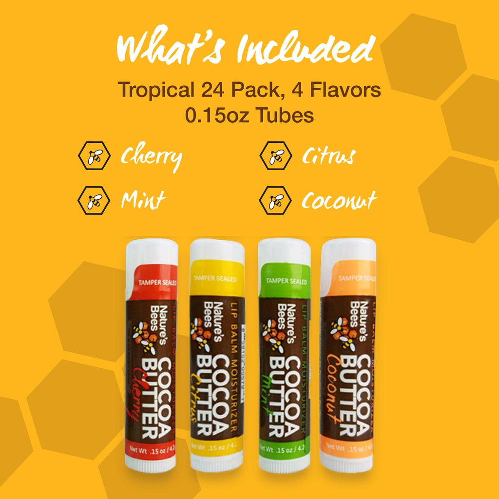 Nature's Bees Cocoa Butter Lip Balm 24-Pack – Citrus, Coconut, Cherry & Mint