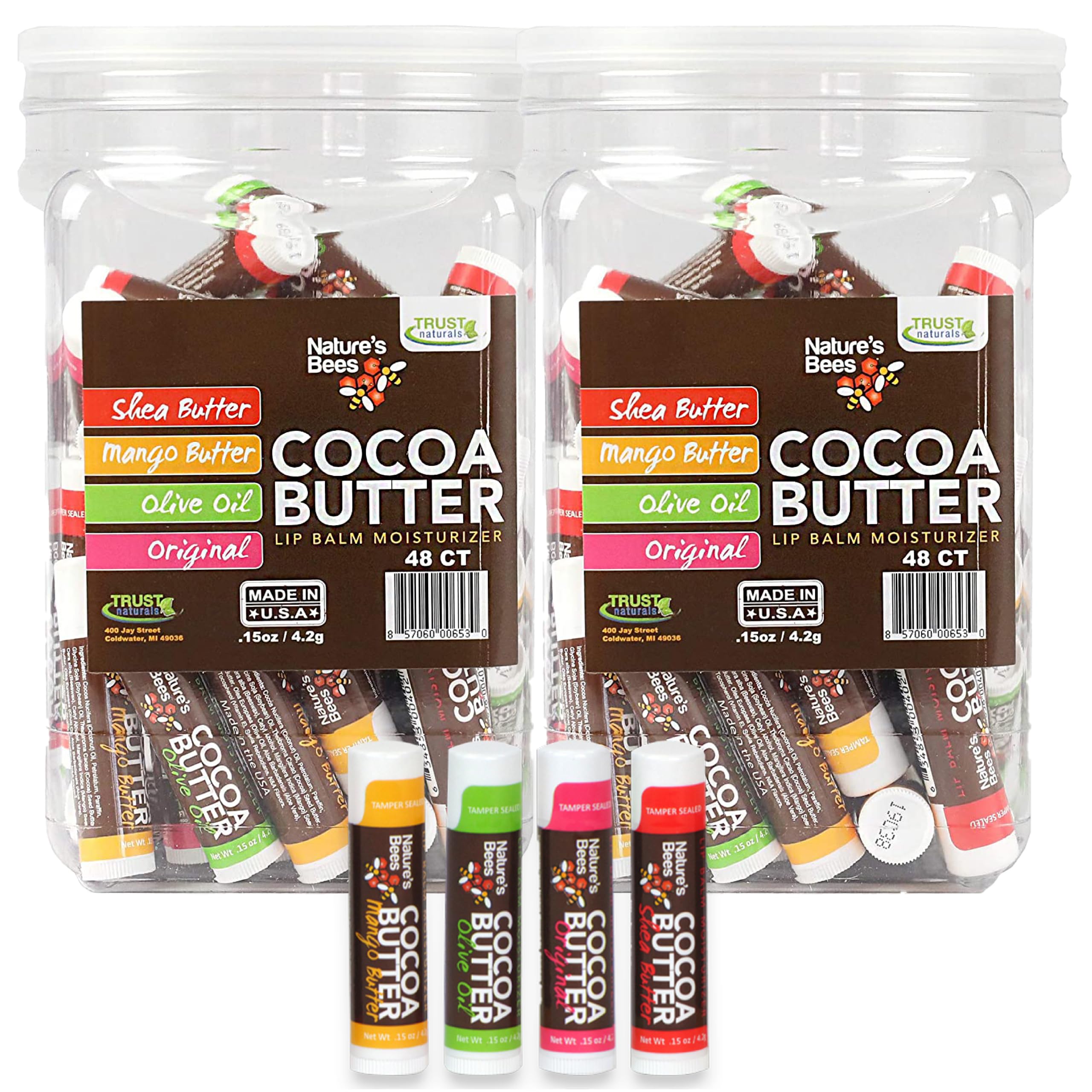 Nature's Bees Cocoa Butter Lip Balm Original 96-Pack Bulk – 4 Original Flavors, 8-Flavor Variety
