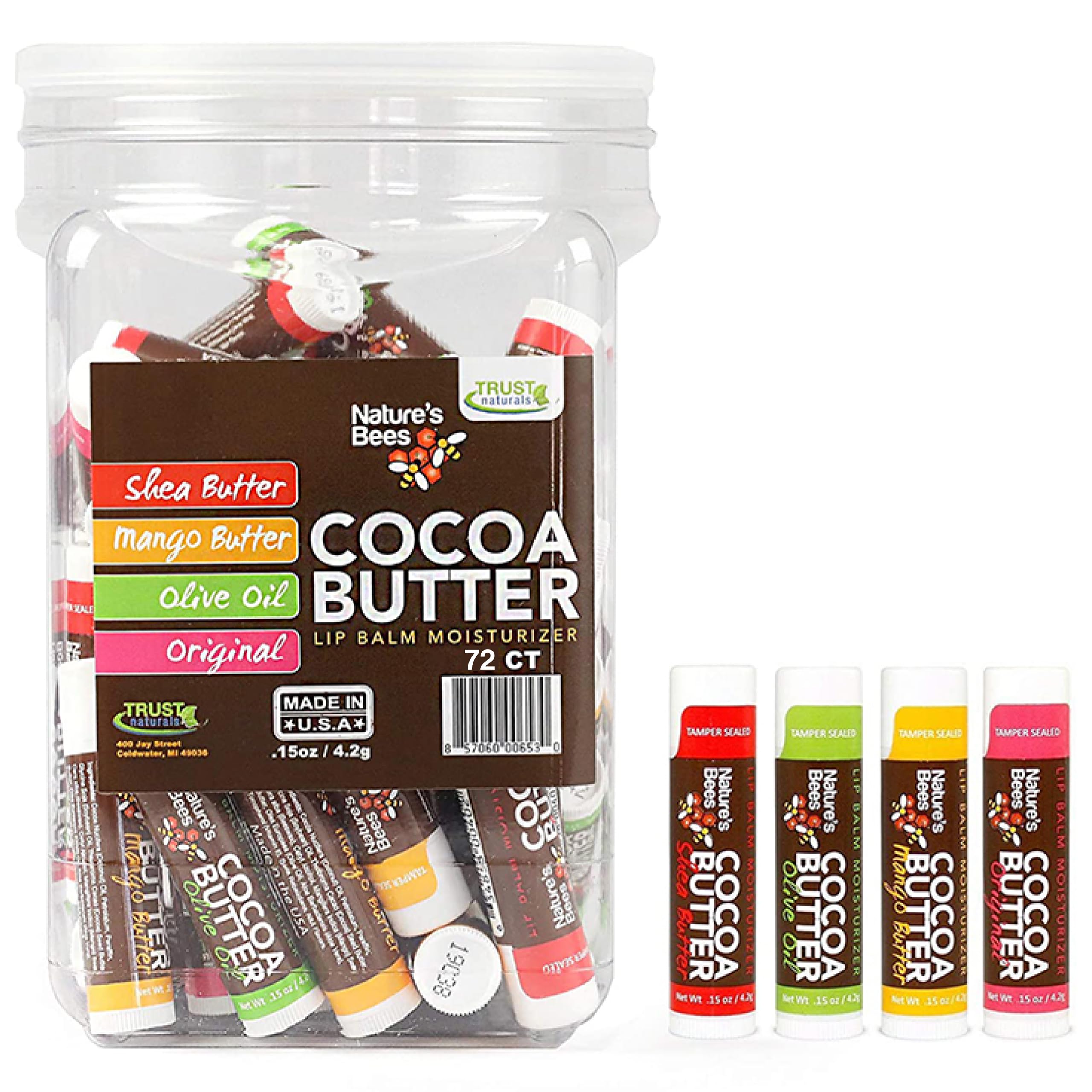 Nature’s Bees Cocoa Butter Lip Balm 72-Pack - Original Flavor Collection (Olive Oil, Mango Butter, Shea Butter)