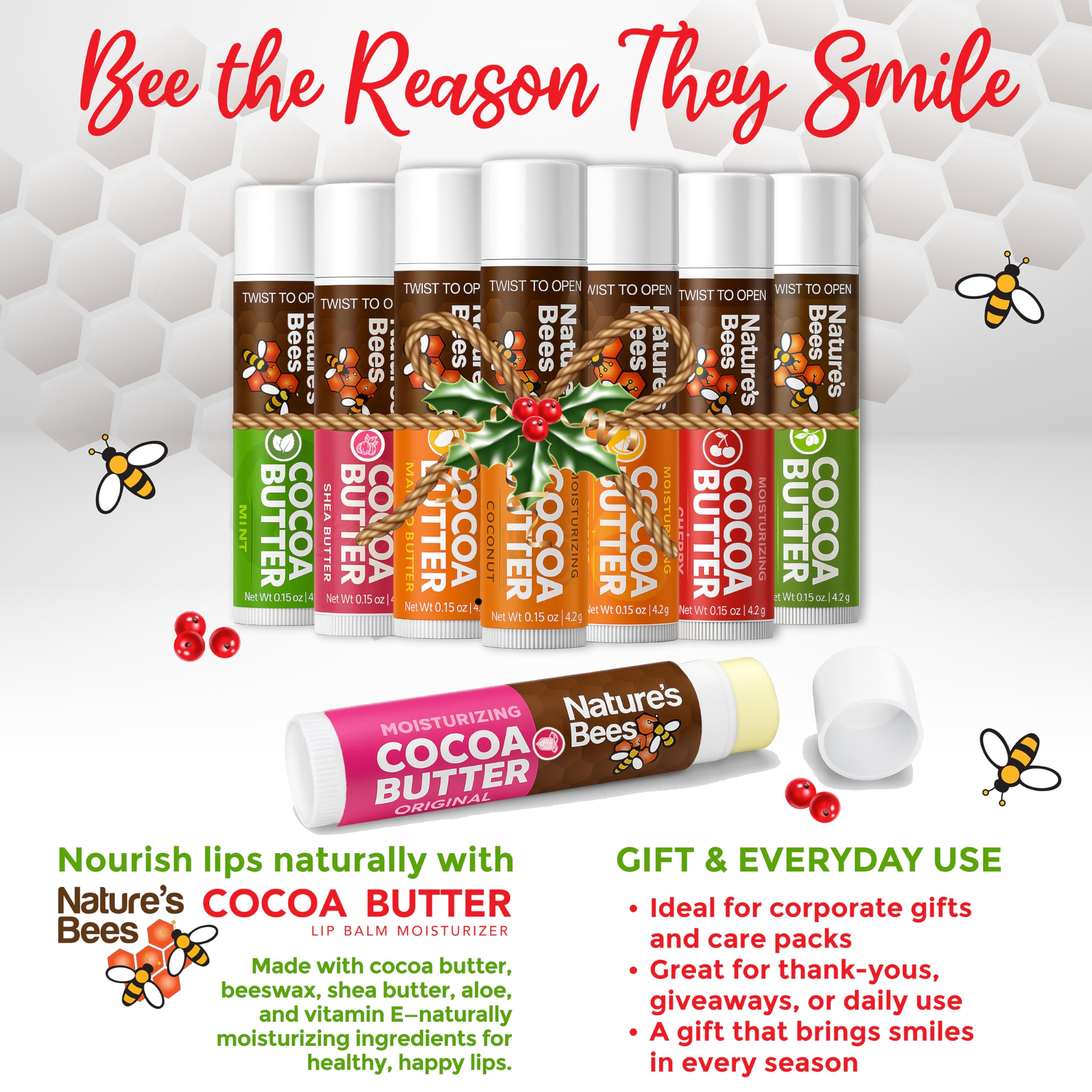 Nature’s Bees Cocoa Butter Lip Balm 72-Pack - Original Flavor Collection (Olive Oil, Mango Butter, Shea Butter)
