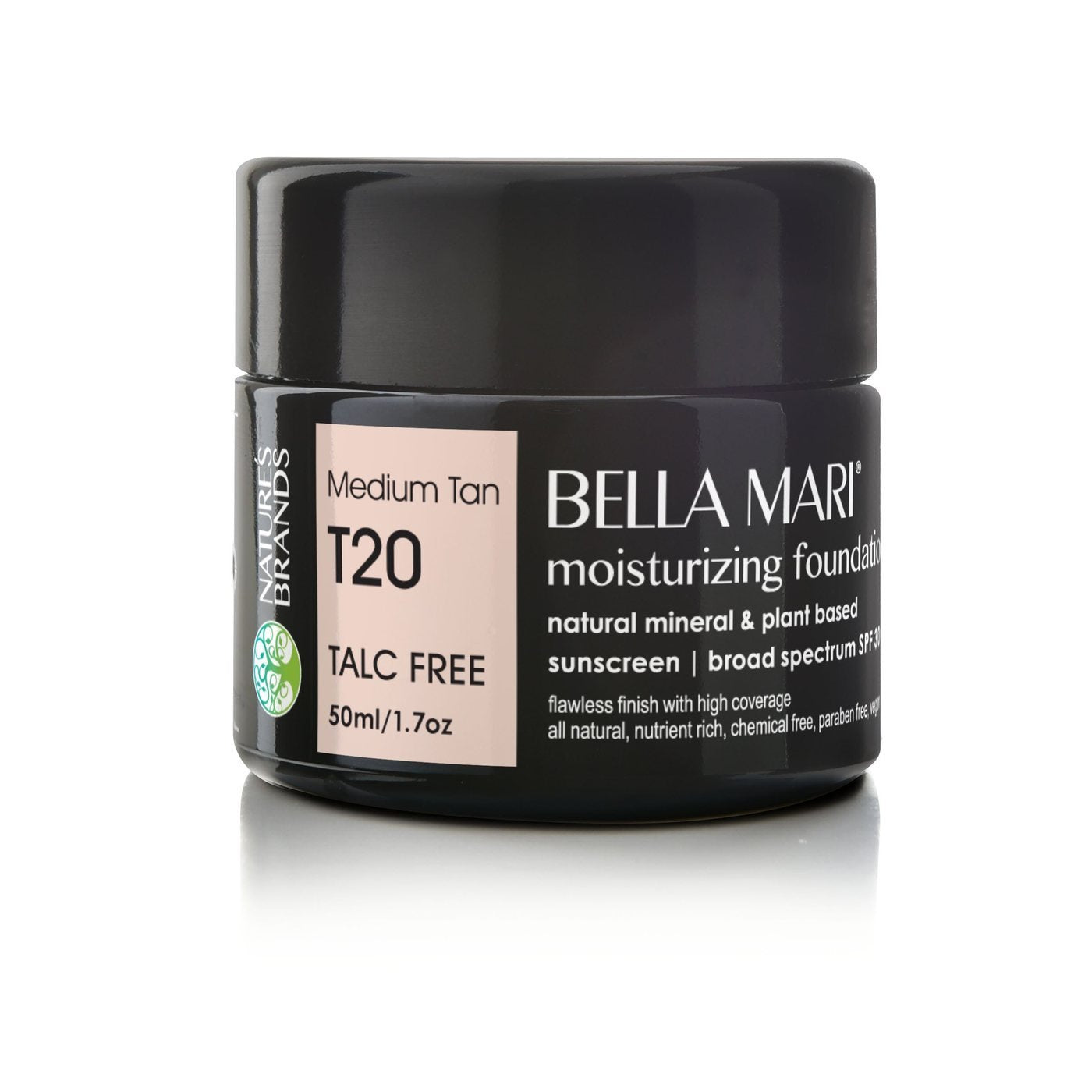 Bella Mari Natural Moisturizing Foundation – Medium Tan (T20) | SPF 30, 1.7 fl oz Glass | Nature's Brands