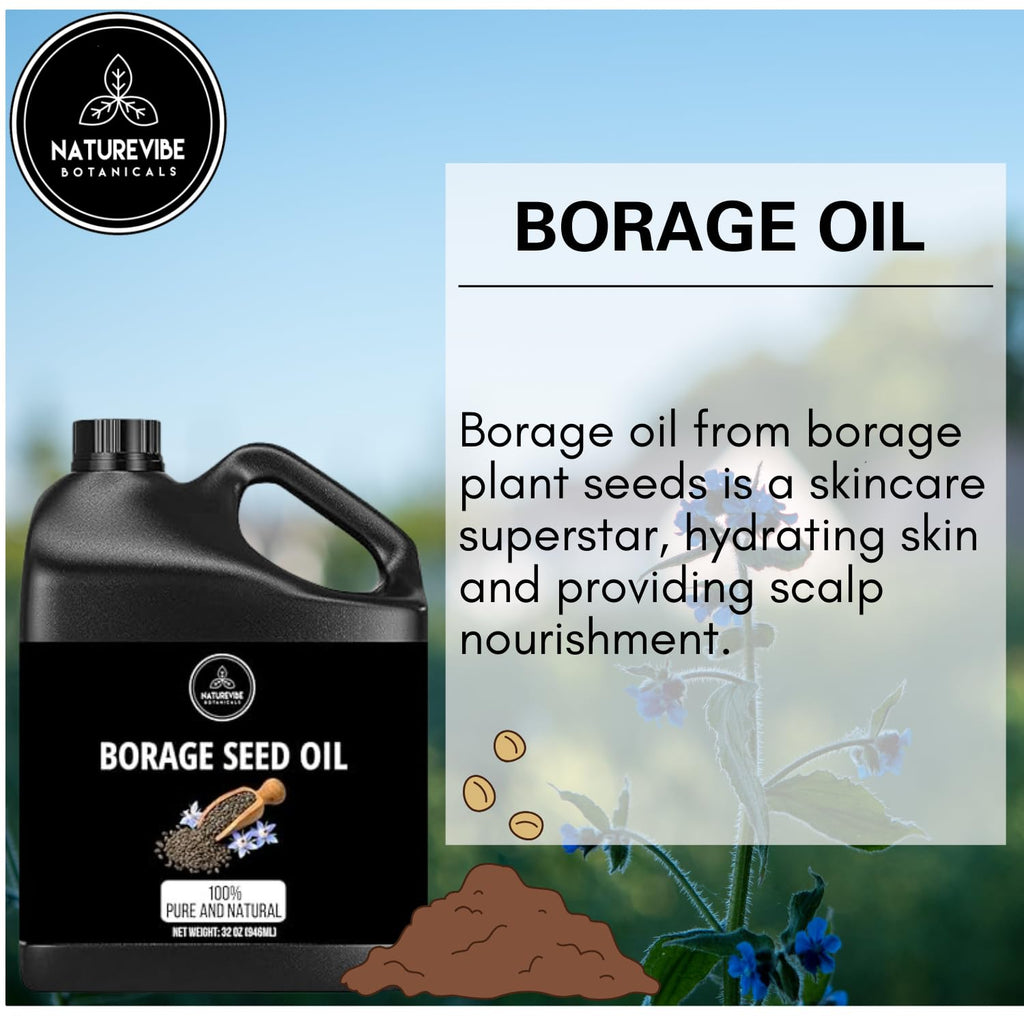 Naturevibe Botanicals Borage Oil 32 oz | Pure Cold-Pressed for Skin & Hair