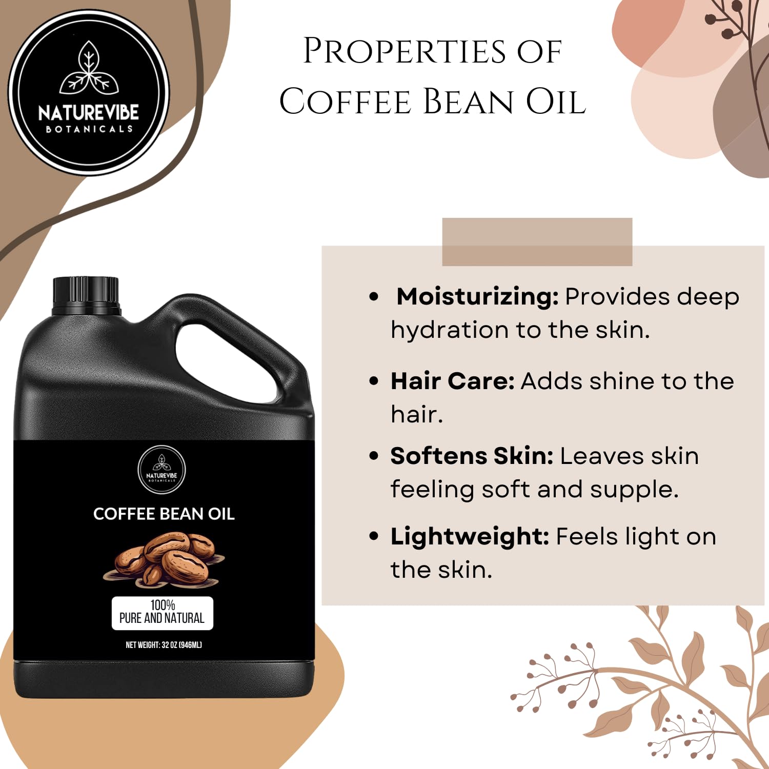 Naturevibe Botanicals Coffee Bean Oil 32oz | Pure, Cold-Pressed Oil for Skin & Hair