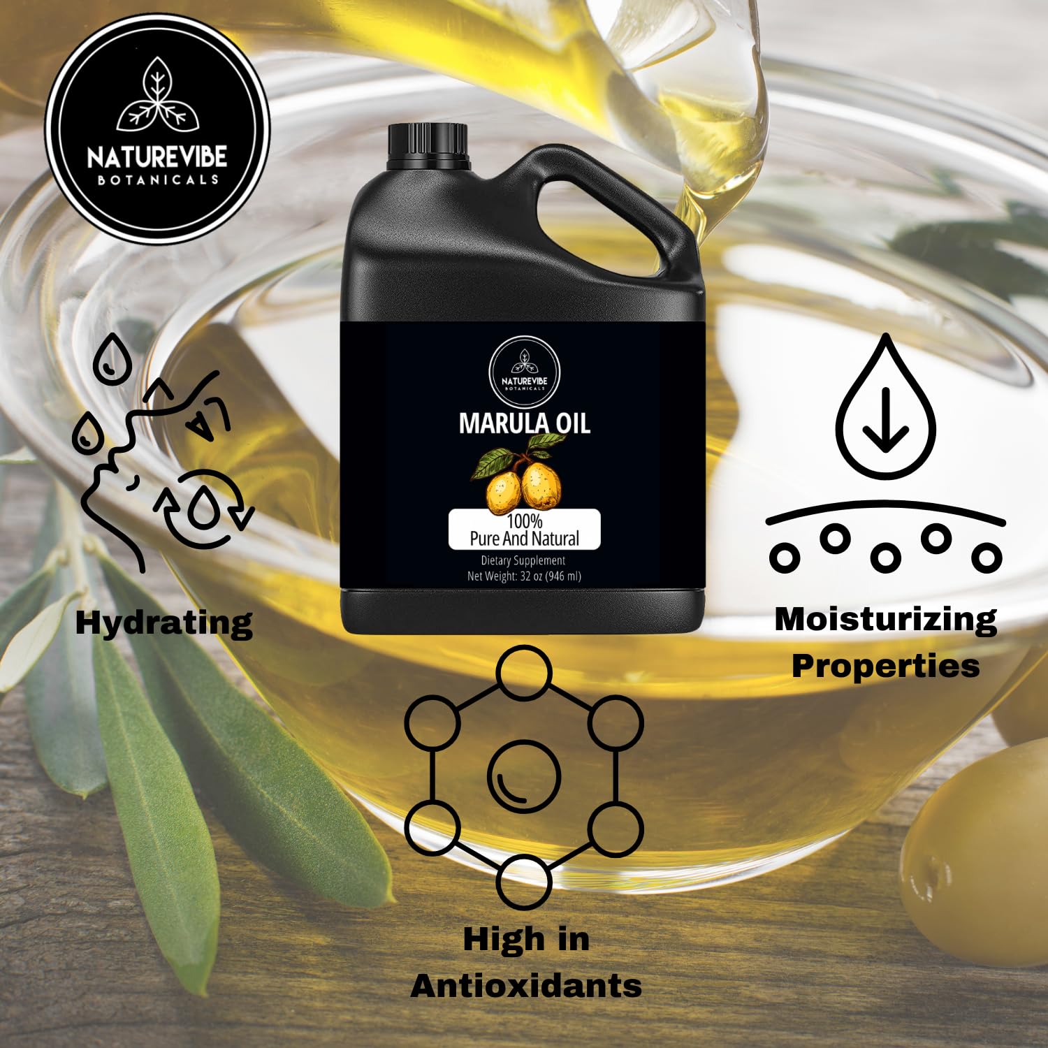 Naturevibe Botanicals Marula Oil 32 Oz — 100% Pure & Cold-Pressed