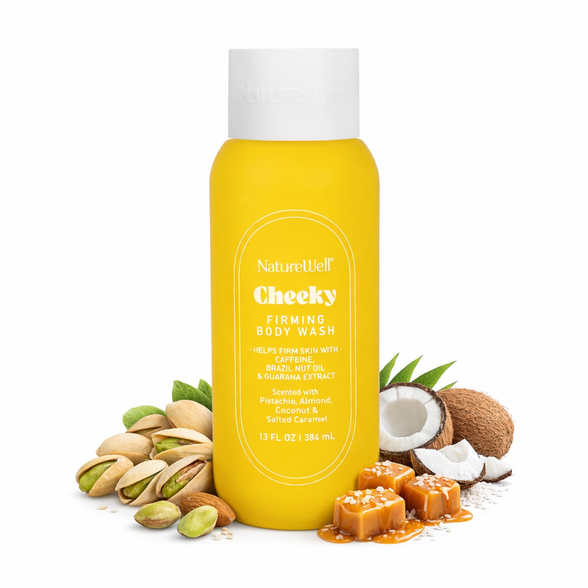 NATURE WELL Cheeky Firming & Cleansing Body Wash with Caffeine & Guarana | Pistachio, Almond & Salted Caramel Scent