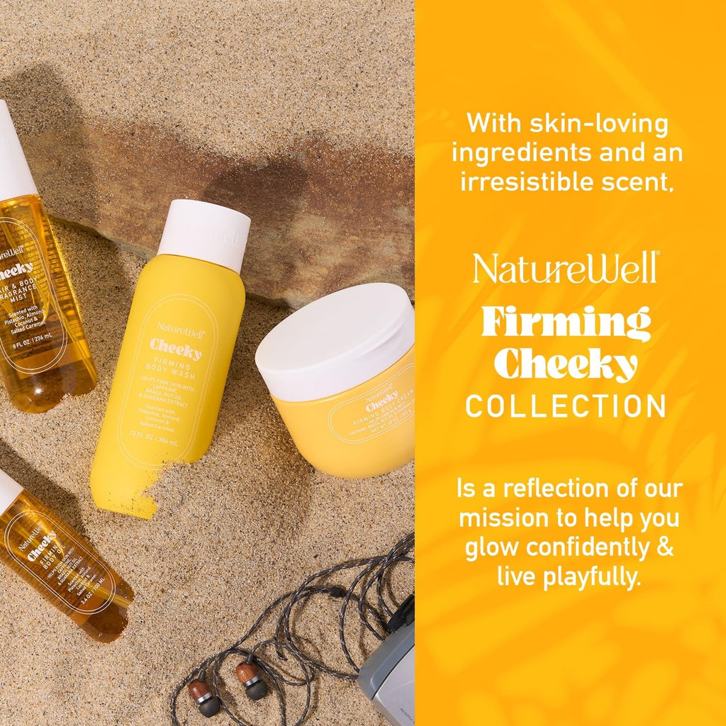 NATURE WELL Cheeky Firming & Cleansing Body Wash with Caffeine & Guarana | Pistachio, Almond & Salted Caramel Scent