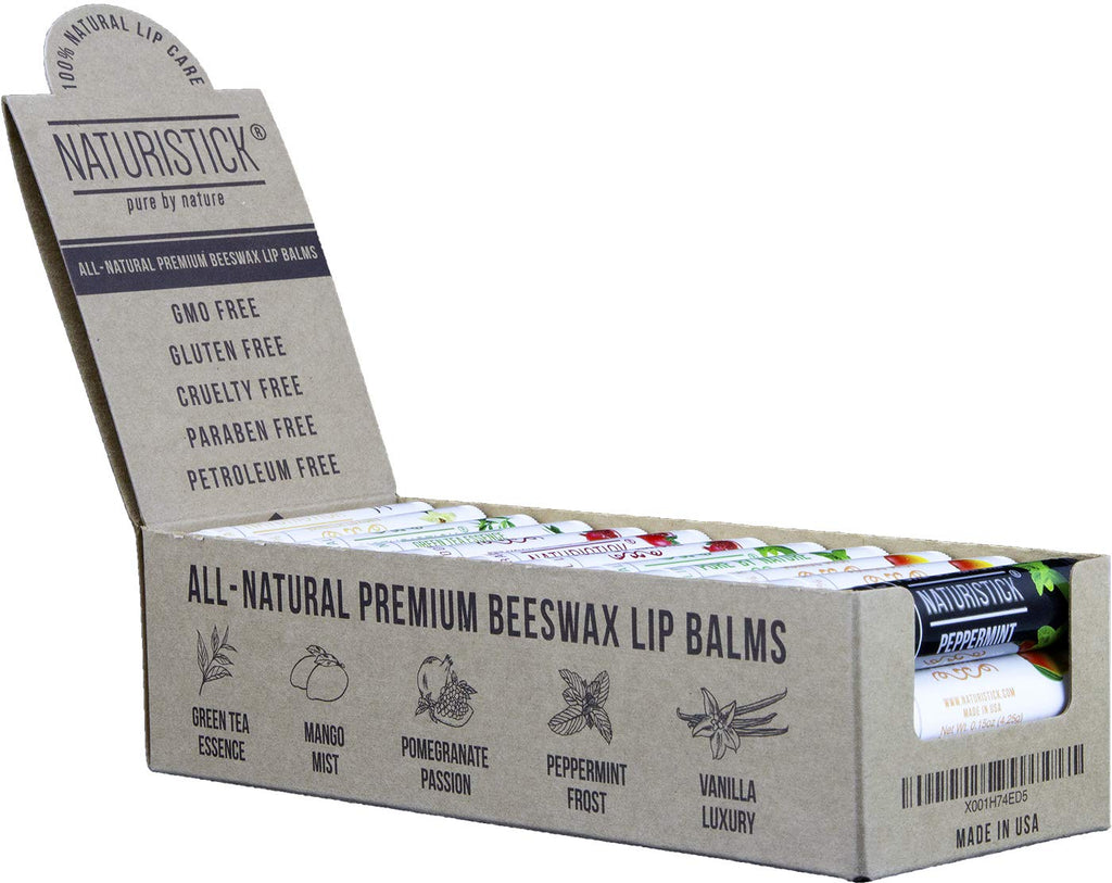 Naturistick 36-Pack Premium Beeswax Lip Balm – 5 Flavors, All-Natural, USA Made
