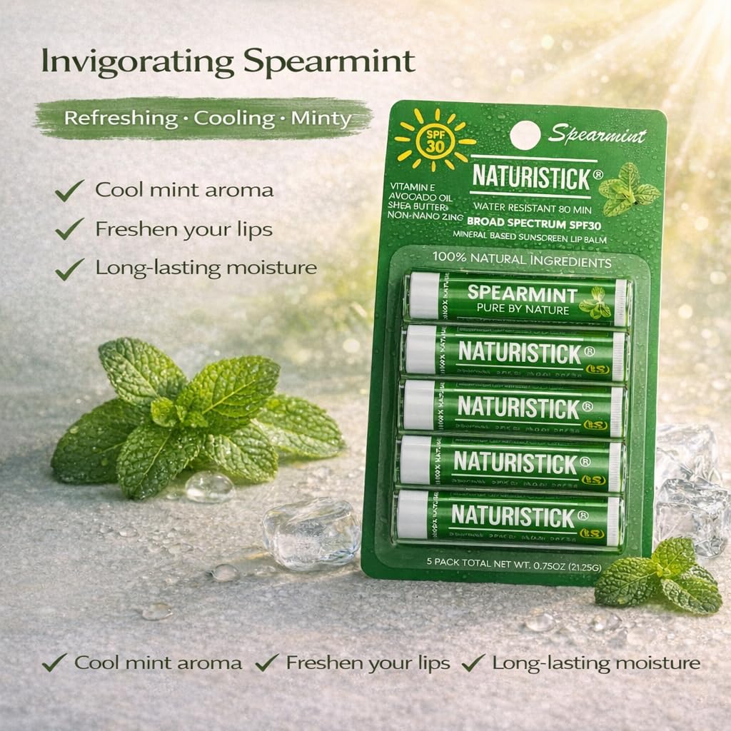 Naturistick SPF 30 Vegan Lip Balm – Mineral Zinc Oxide, 5-Pack Spearmint