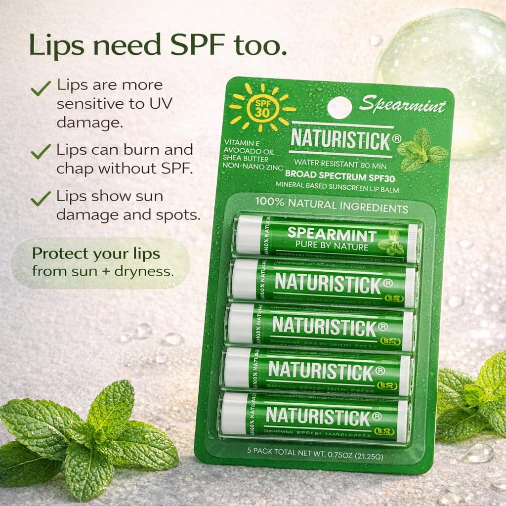 Naturistick SPF 30 Vegan Lip Balm – Mineral Zinc Oxide, 5-Pack Spearmint