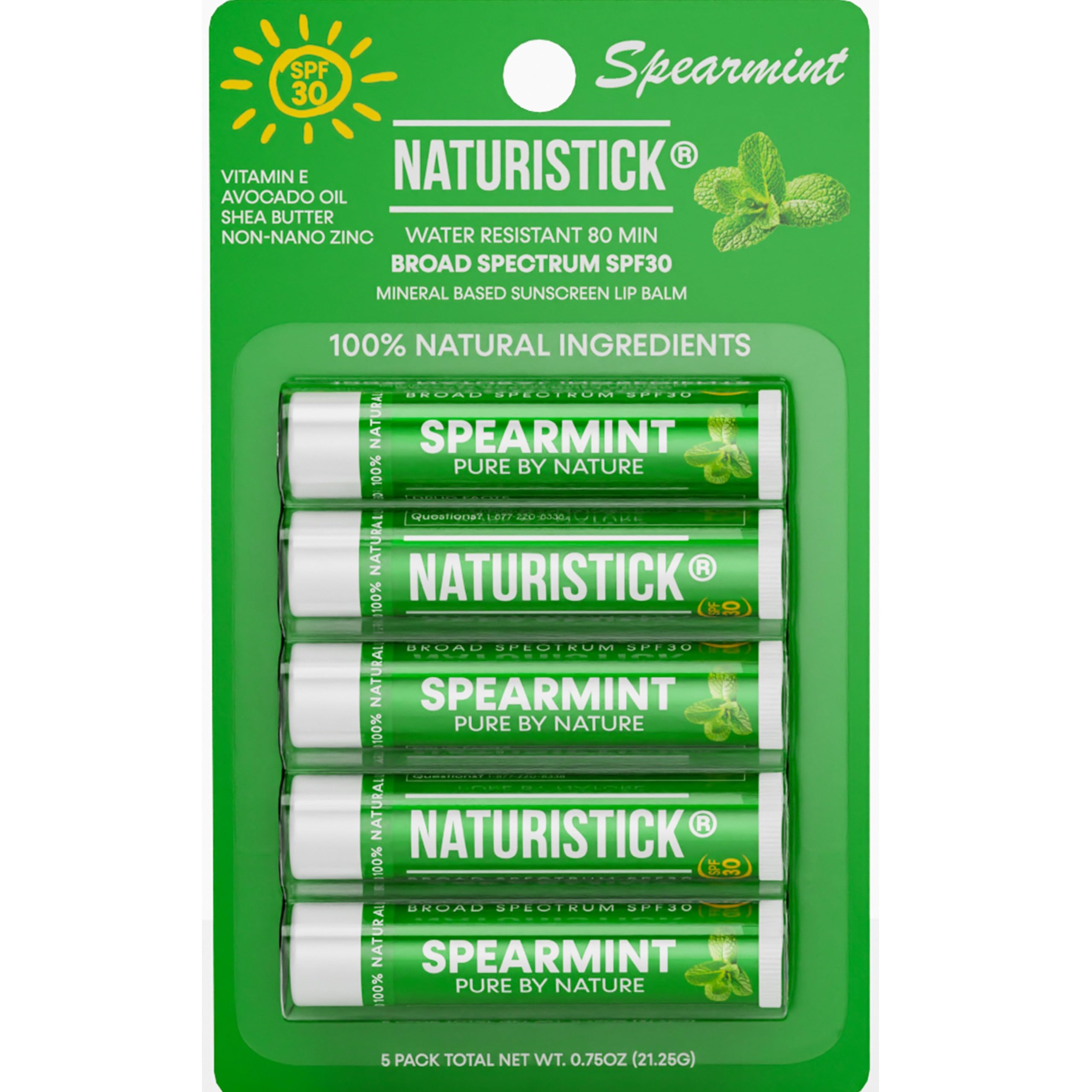 Naturistick SPF 30 Vegan Lip Balm – Mineral Zinc Oxide, 5-Pack Spearmint