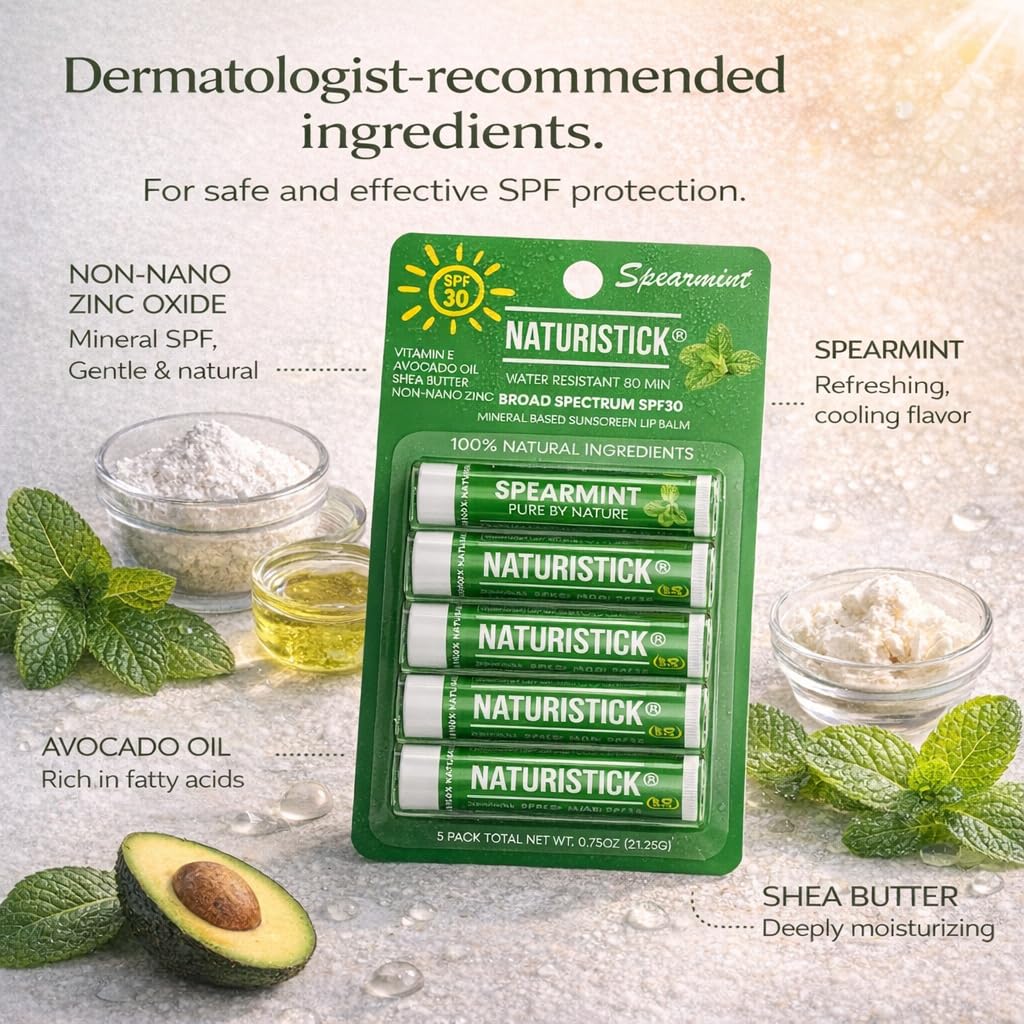 Naturistick SPF 30 Vegan Lip Balm – Mineral Zinc Oxide, 5-Pack Spearmint