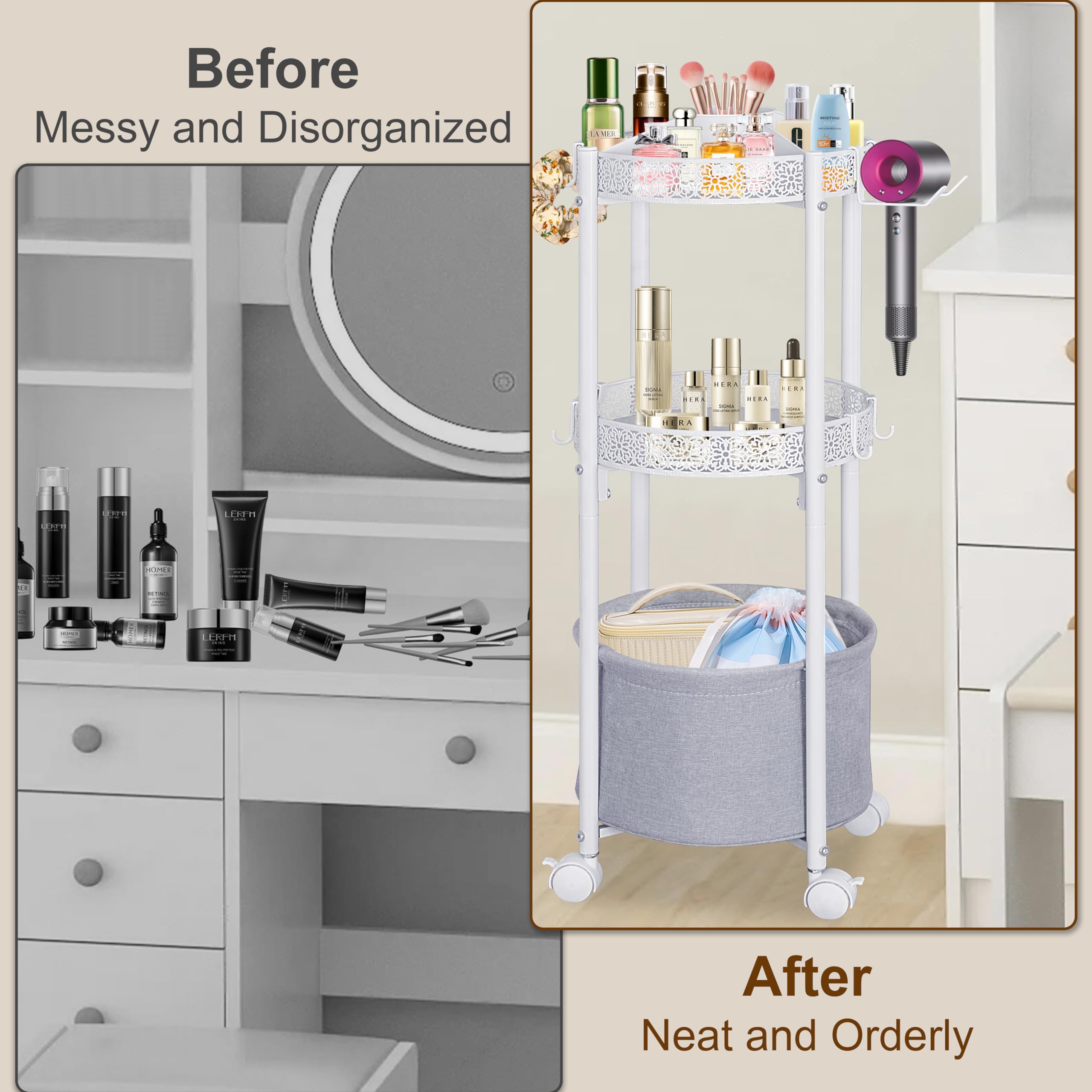 NauwaBarn Rolling Makeup Cart with Removable Hair Dryer Holder – 3-Tier Round Cart