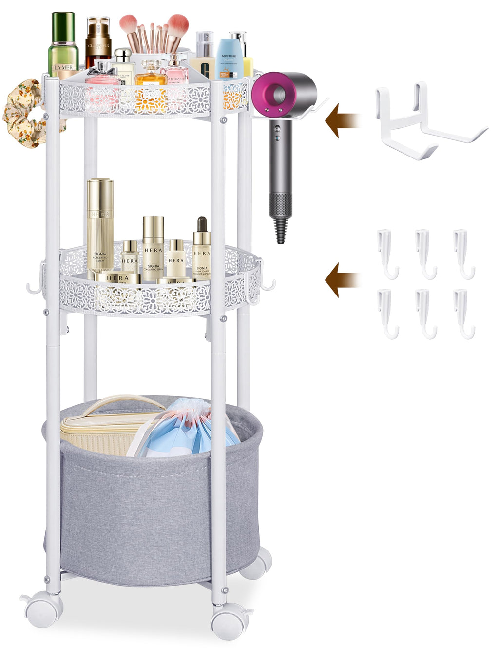 NauwaBarn Rolling Makeup Cart with Removable Hair Dryer Holder – 3-Tier Round Cart