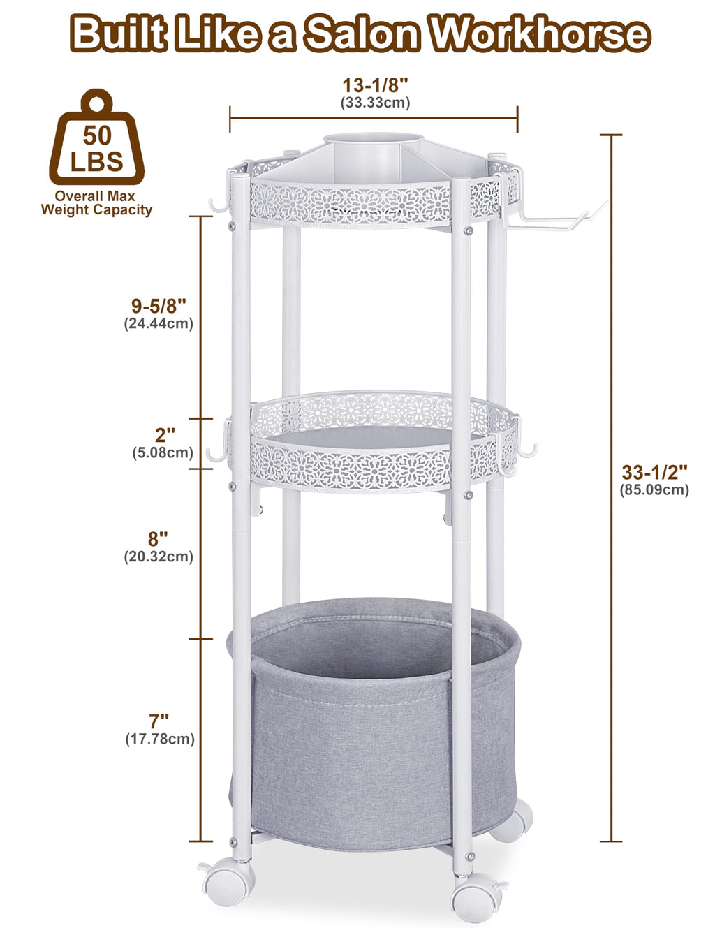 NauwaBarn Rolling Makeup Cart with Removable Hair Dryer Holder – 3-Tier Round Cart