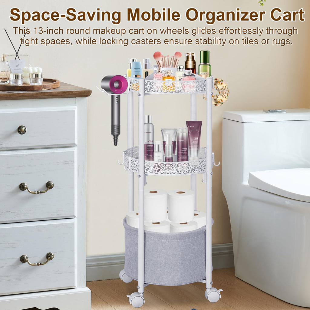 NauwaBarn Rolling Makeup Cart with Removable Hair Dryer Holder – 3-Tier Round Cart