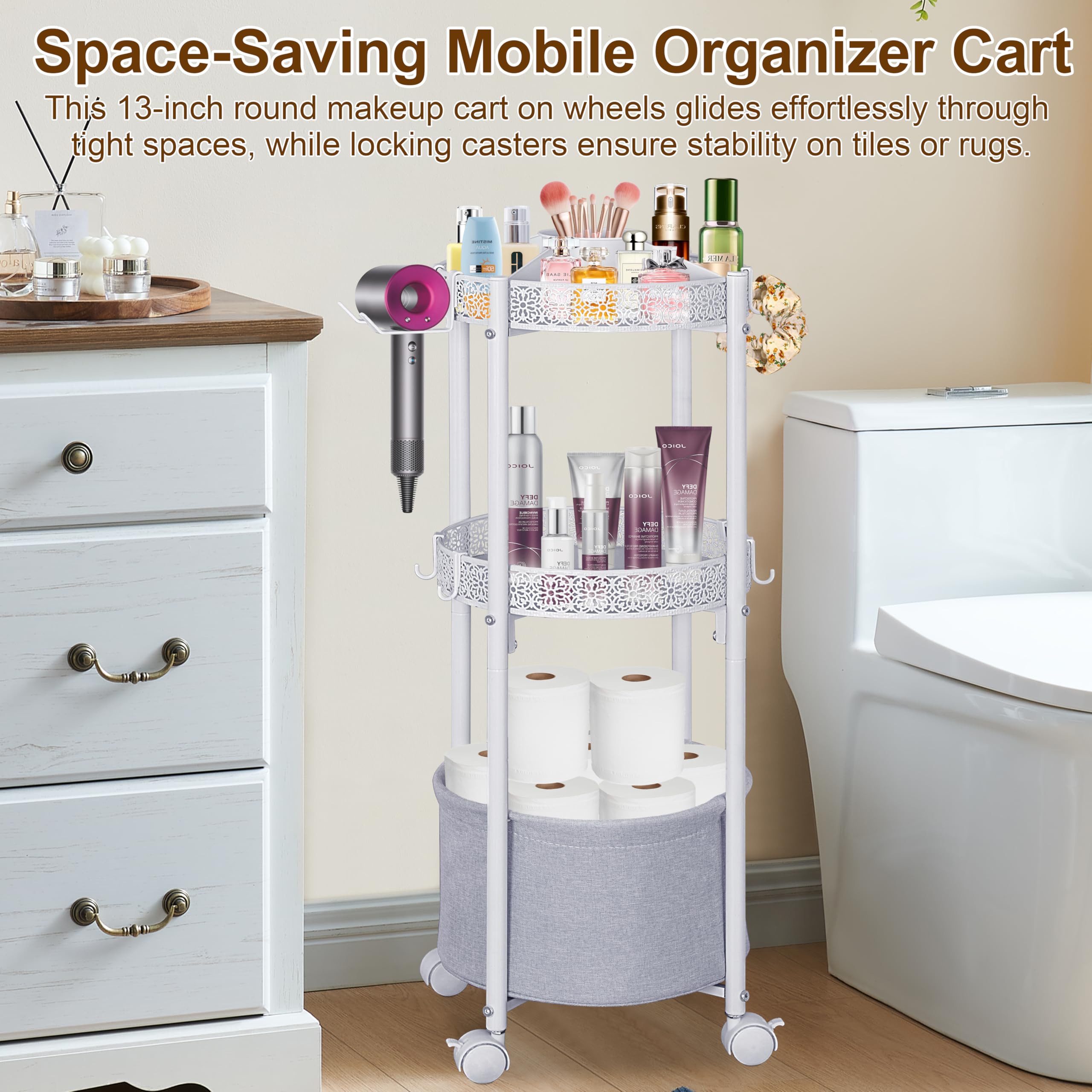 NauwaBarn Rolling Makeup Cart with Removable Hair Dryer Holder – 3-Tier Round Cart