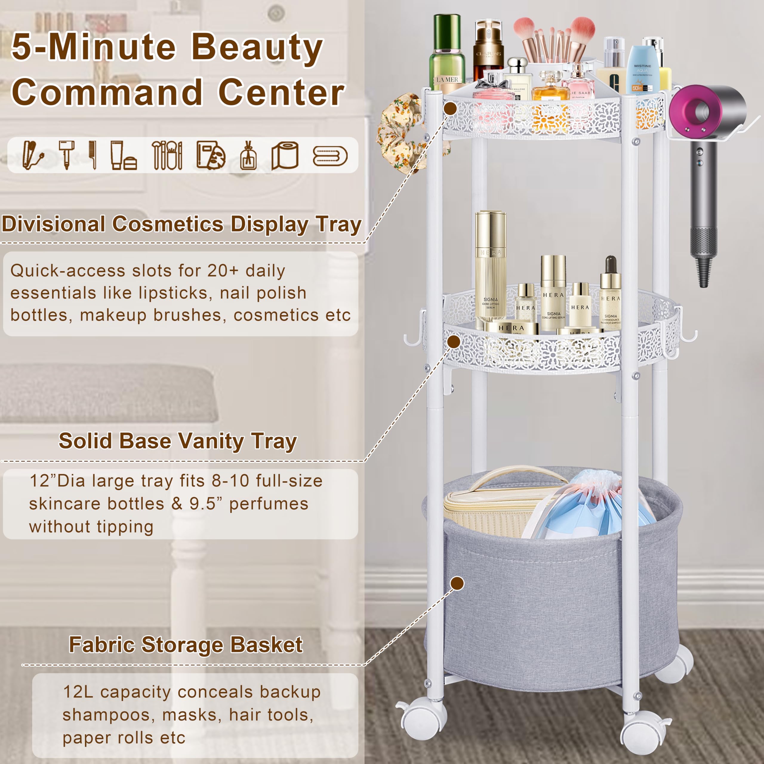 NauwaBarn Rolling Makeup Cart with Removable Hair Dryer Holder – 3-Tier Round Cart