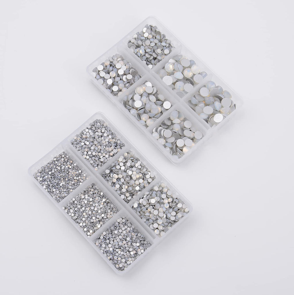 NCB 8000pcs Non Hotfix Rhinestones – 10 Sizes Flatback Glass Crystals with Tweezers & Pen (White Opal Mix SS3-SS30)