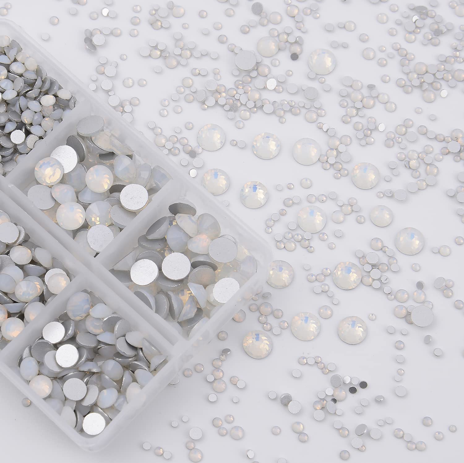 NCB 8000pcs Non Hotfix Rhinestones – 10 Sizes Flatback Glass Crystals with Tweezers & Pen (White Opal Mix SS3-SS30)