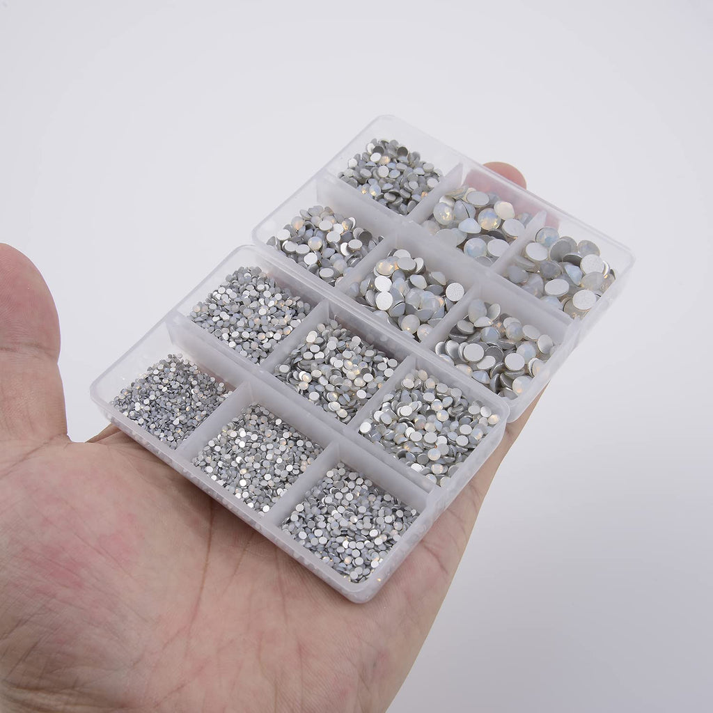 NCB 8000pcs Non Hotfix Rhinestones – 10 Sizes Flatback Glass Crystals with Tweezers & Pen (White Opal Mix SS3-SS30)