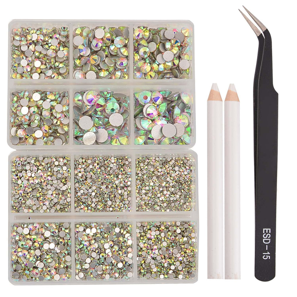 NCB 8000pcs Non-Hotfix Rhinestones – Glass Crystal Flatback, 10 Sizes SS3-SS30 + Tweezers & Picking Pen