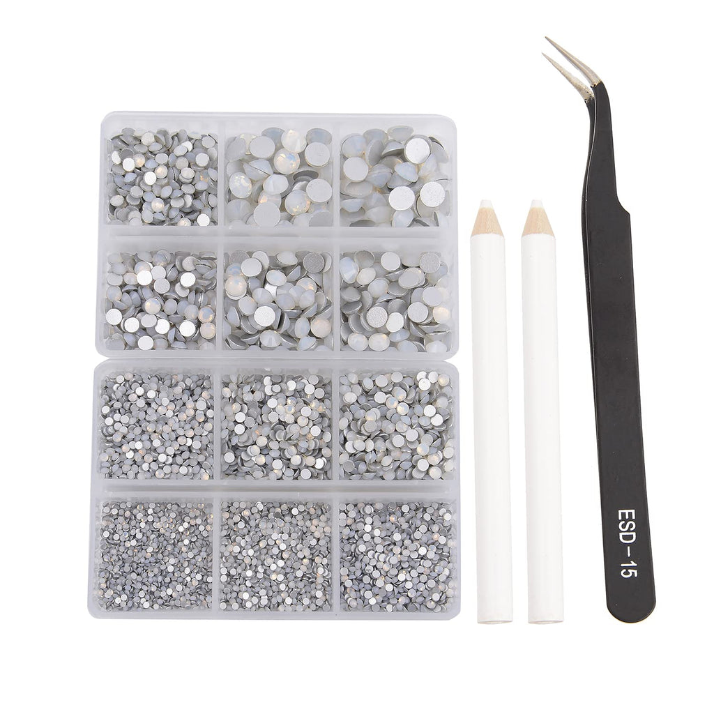 NCB 8000pcs Non Hotfix Rhinestones – 10 Sizes Flatback Glass Crystals with Tweezers & Pen (White Opal Mix SS3-SS30)
