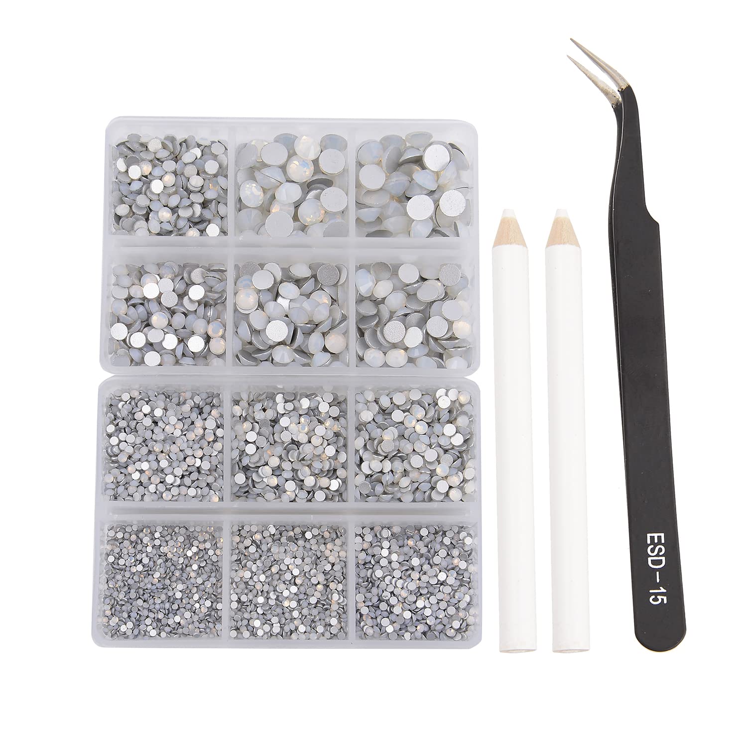 NCB 8000pcs Non Hotfix Rhinestones – 10 Sizes Flatback Glass Crystals with Tweezers & Pen (White Opal Mix SS3-SS30)