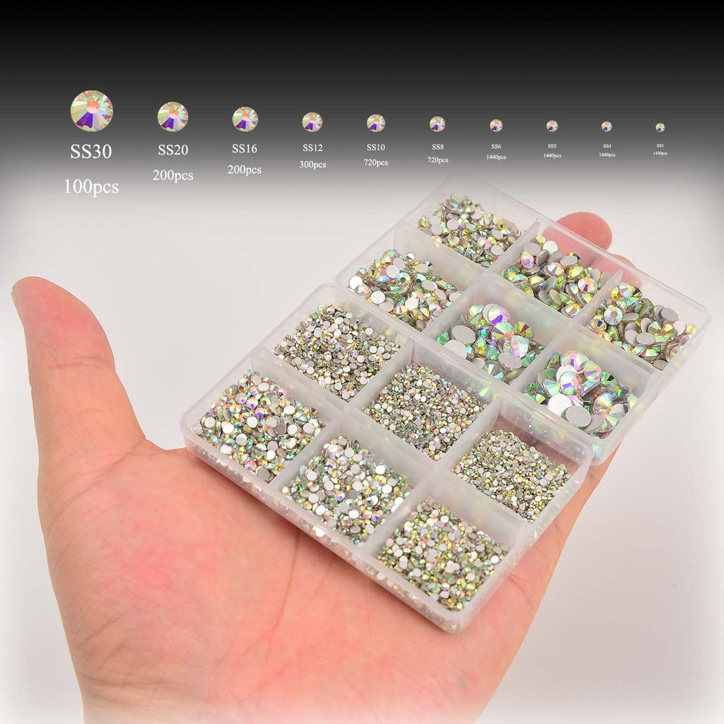 NCB 8000pcs Non-Hotfix Rhinestones – Glass Crystal Flatback, 10 Sizes SS3-SS30 + Tweezers & Picking Pen