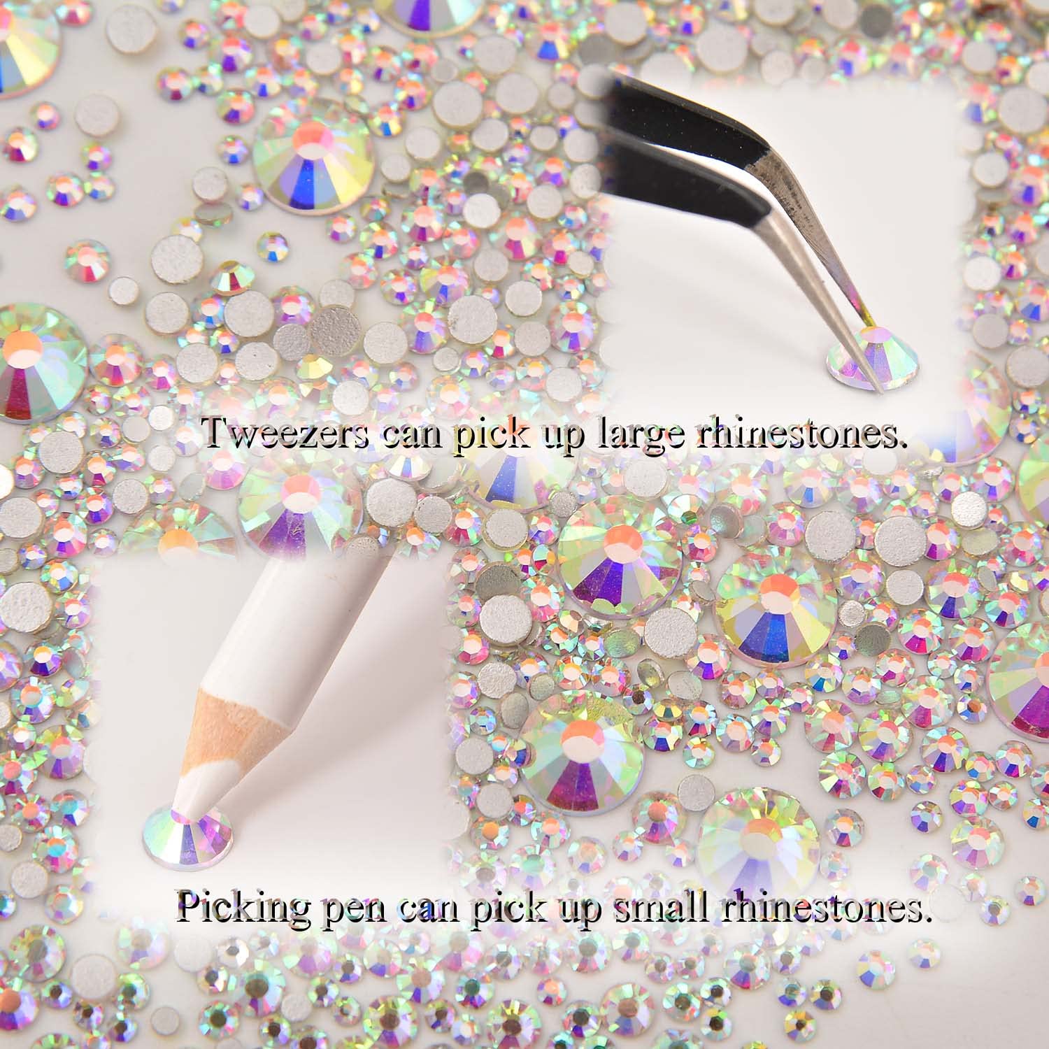 NCB 8000pcs Non-Hotfix Rhinestones – Glass Crystal Flatback, 10 Sizes SS3-SS30 + Tweezers & Picking Pen