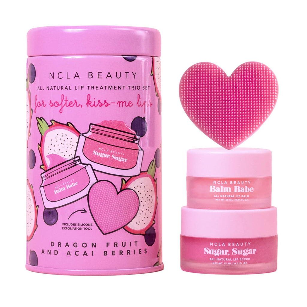NCLA All Natural Lip Treatment Set – Hydrating Lip Balm, Sugar Scrub & Silicone Scrubber | Dragon Fruit Acai Berry